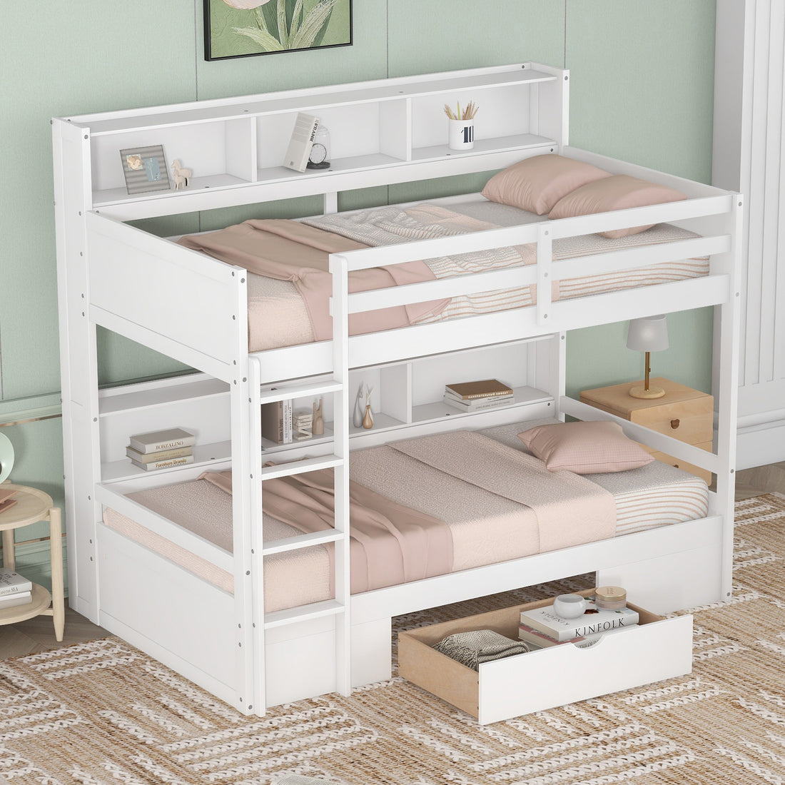 Twin Size Bunk Bed With Built In Shelves Beside Both Upper And Down Bed And Storage Drawer,White White Pine