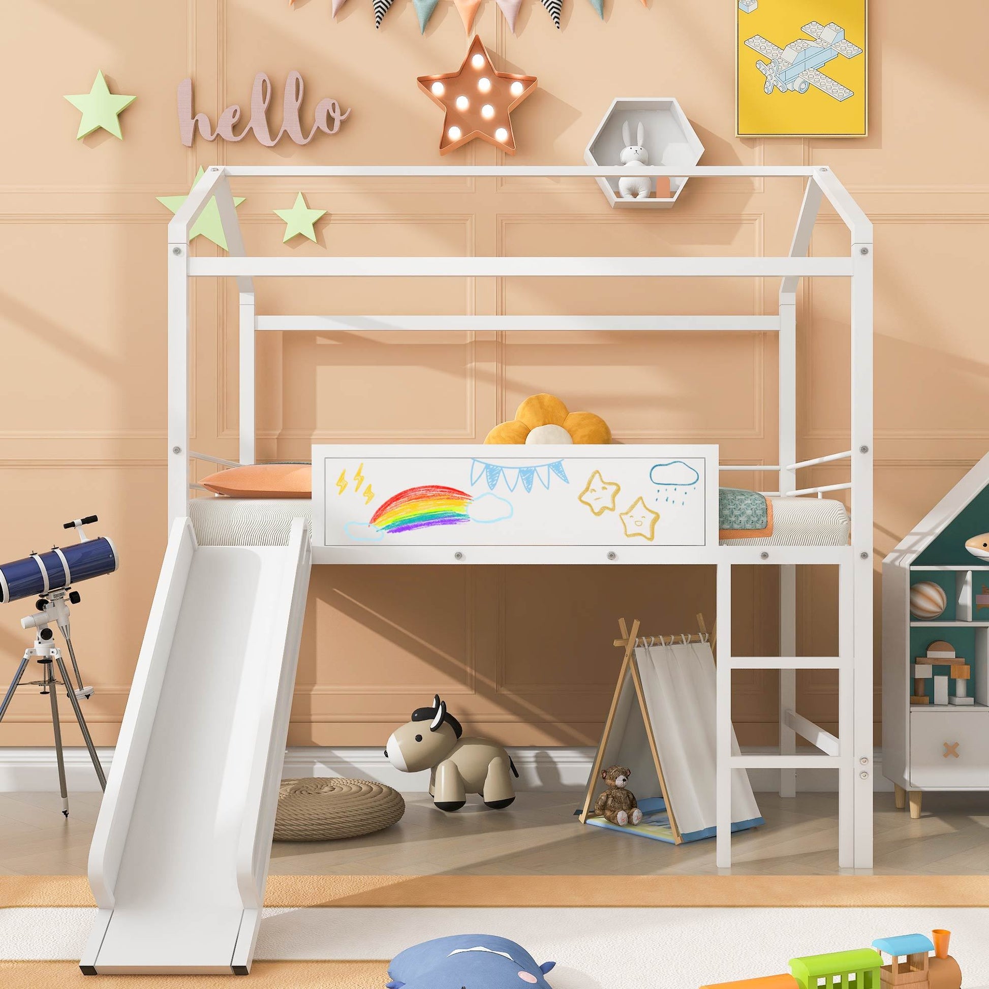 Metal House Bed With Slide, Twin Size Metal Loft Bed With Two Sided Writable Wooden Board White White Metal
