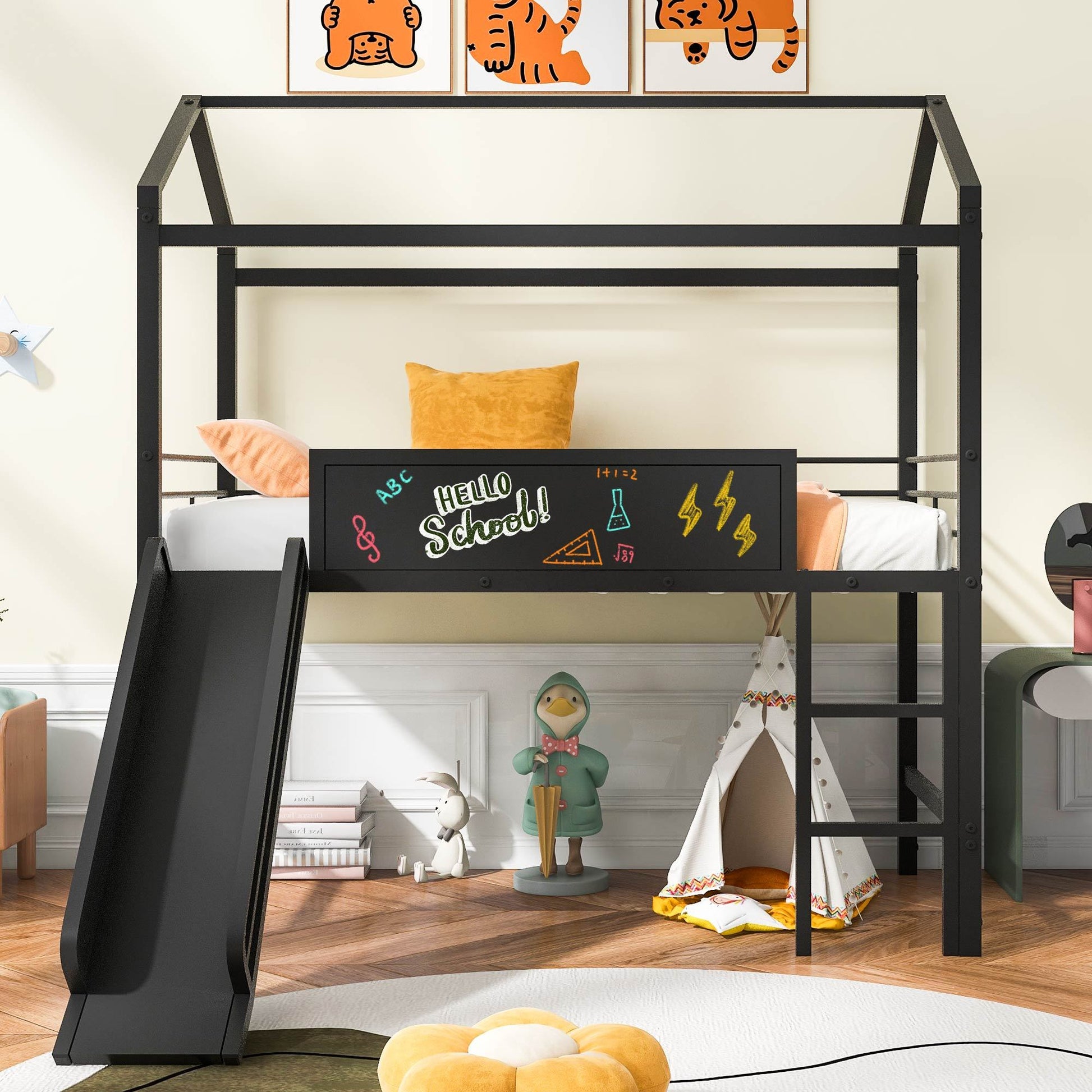 Metal House Bed With Slide, Twin Size Metal Loft Bed With Two Sided Writable Wooden Board Black Black Metal