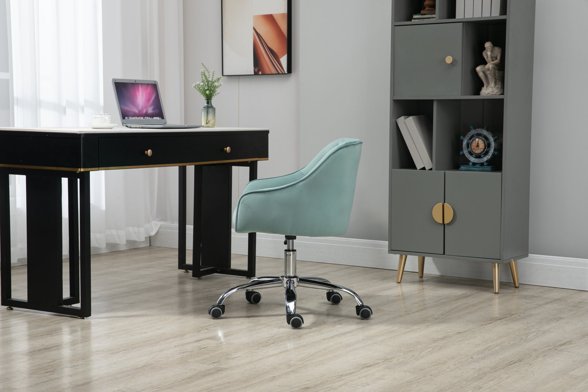 Coolmore Velvet Home Office Desk Chair, Modern Cute Computer Chair, Wheels Swivel Height Adjustable Swivel Task Chair For Home Office Mint Green Velvet Mint Green Foam Metal