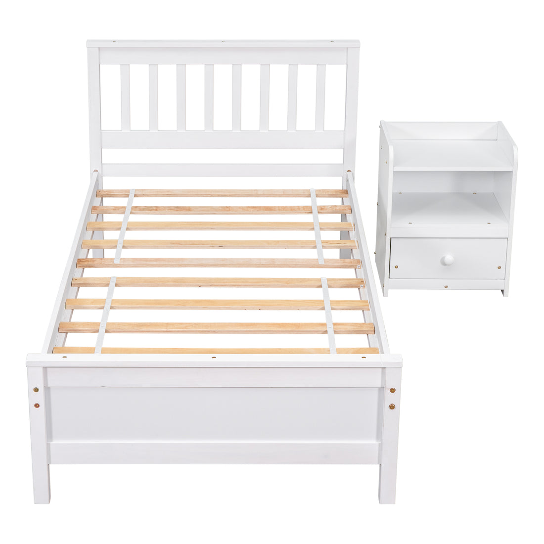 Twin Bed With Headboard And Footboard For Kids, Teens, Adults,With A Nightstand,Wite White Pine