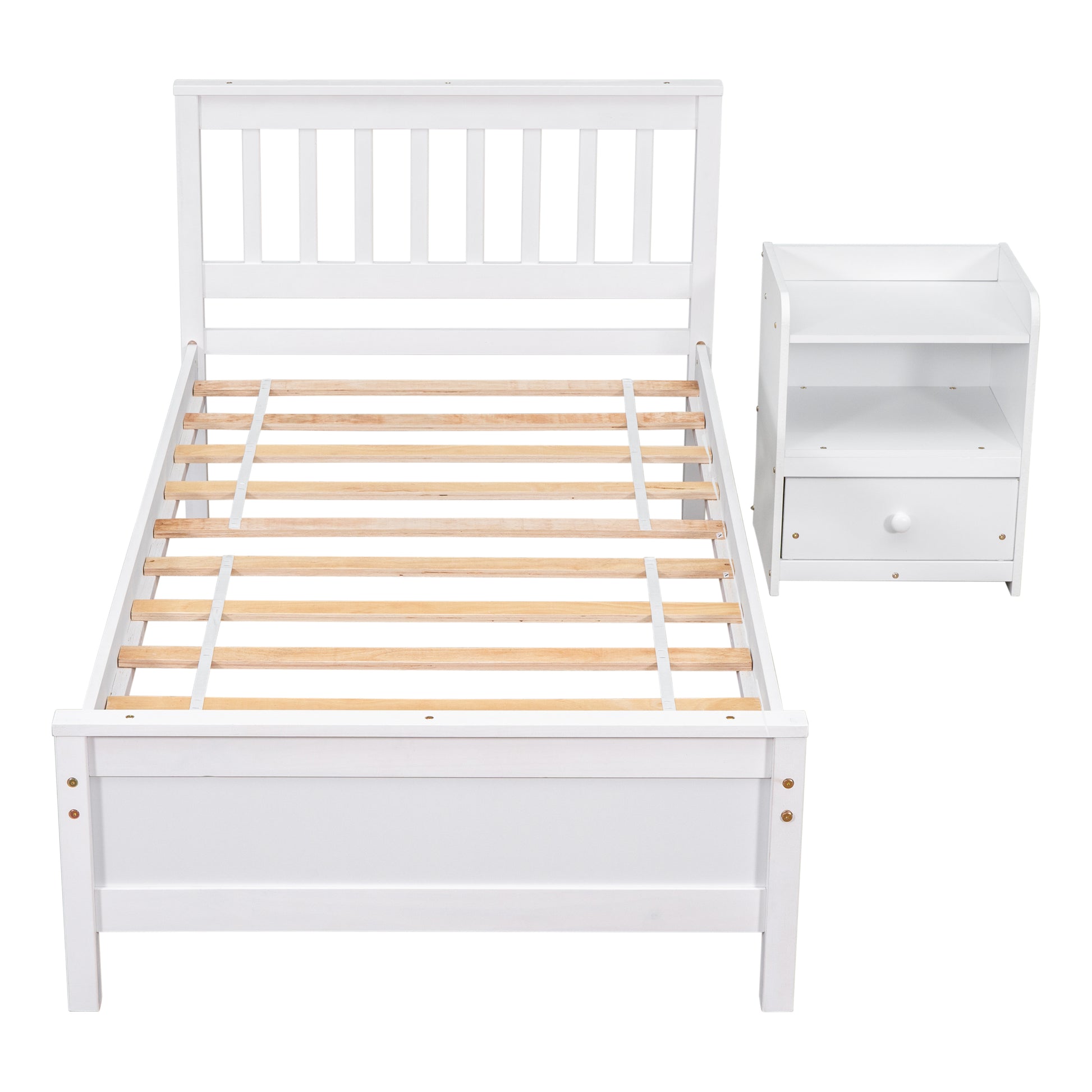 Twin Bed With Headboard And Footboard For Kids, Teens, Adults,With A Nightstand,Wite White Pine