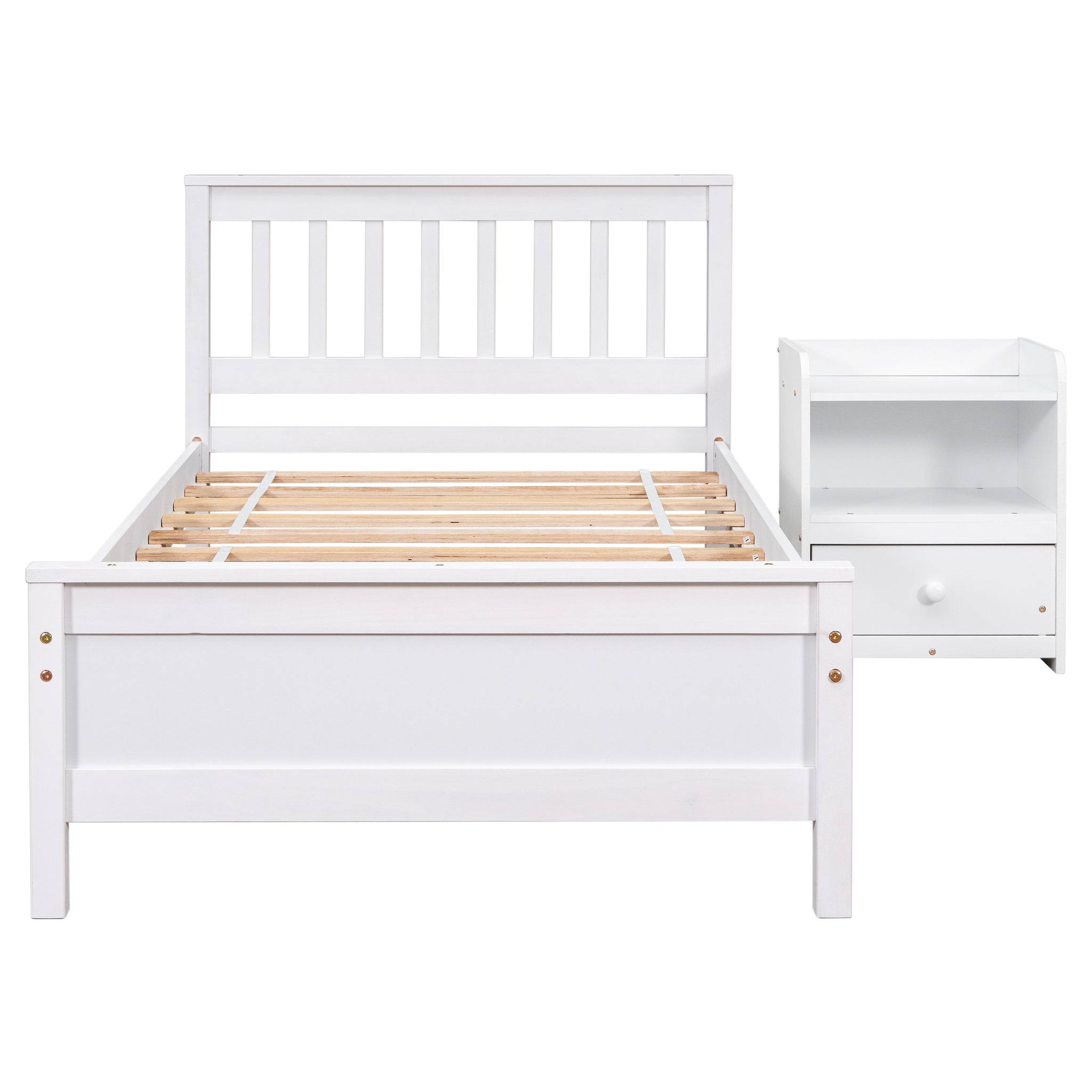 Twin Bed With Headboard And Footboard For Kids, Teens, Adults,With A Nightstand,Wite White Pine