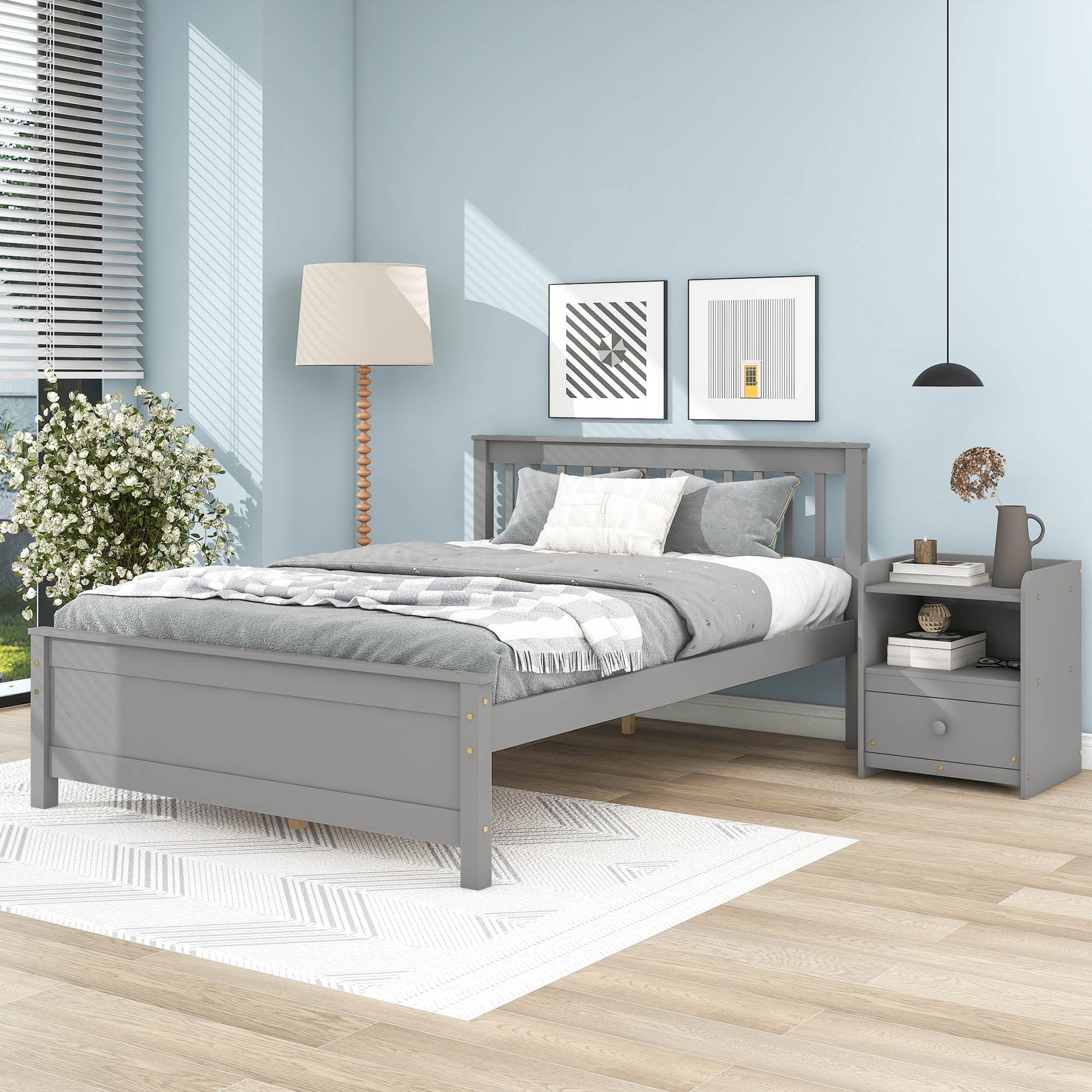 Full Bed With Headboard And Footboard For Kids, Teens, Adults,With A Nightstand,Grey Full Grey Pine