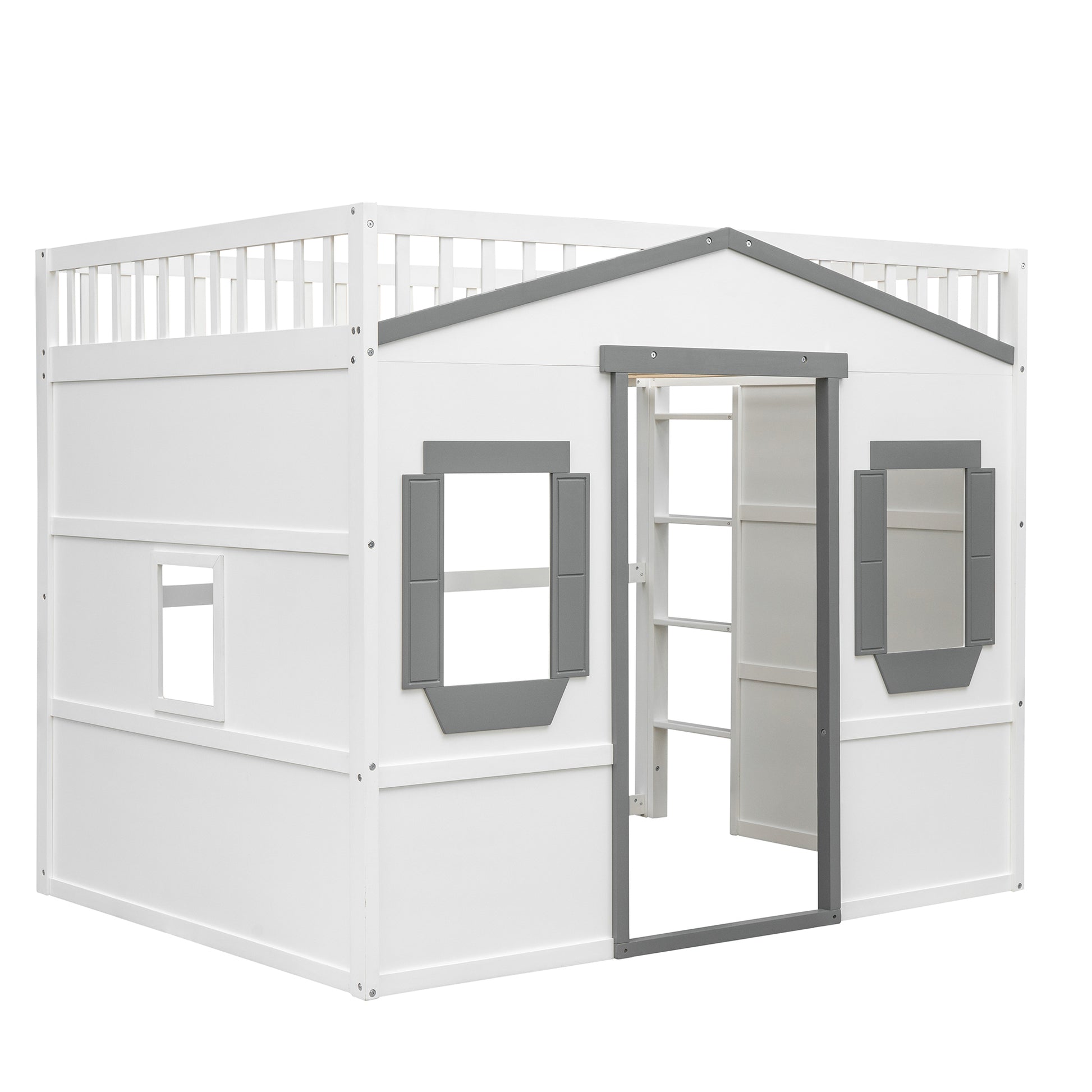 Full Size House Loft Bed With Ladder White Gray Frame White Gray Solid Wood