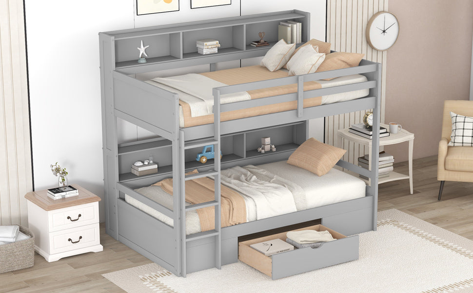 Twin Size Bunk Bed With Built In Shelves Beside Both Upper And Down Bed And Storage Drawer,Gray Gray Pine