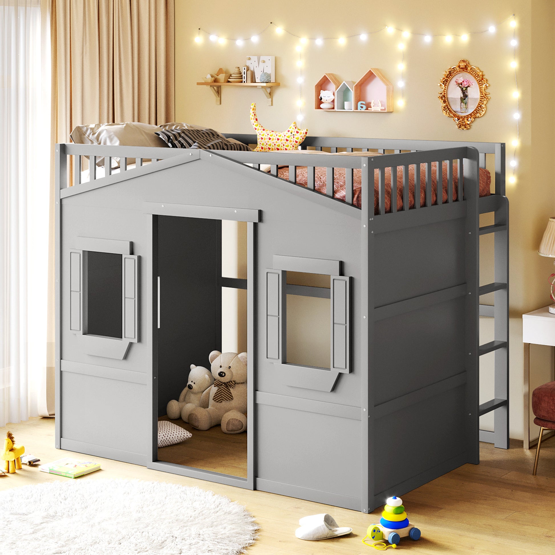 Full Size House Loft Bed With Ladder Gray Gray Solid Wood