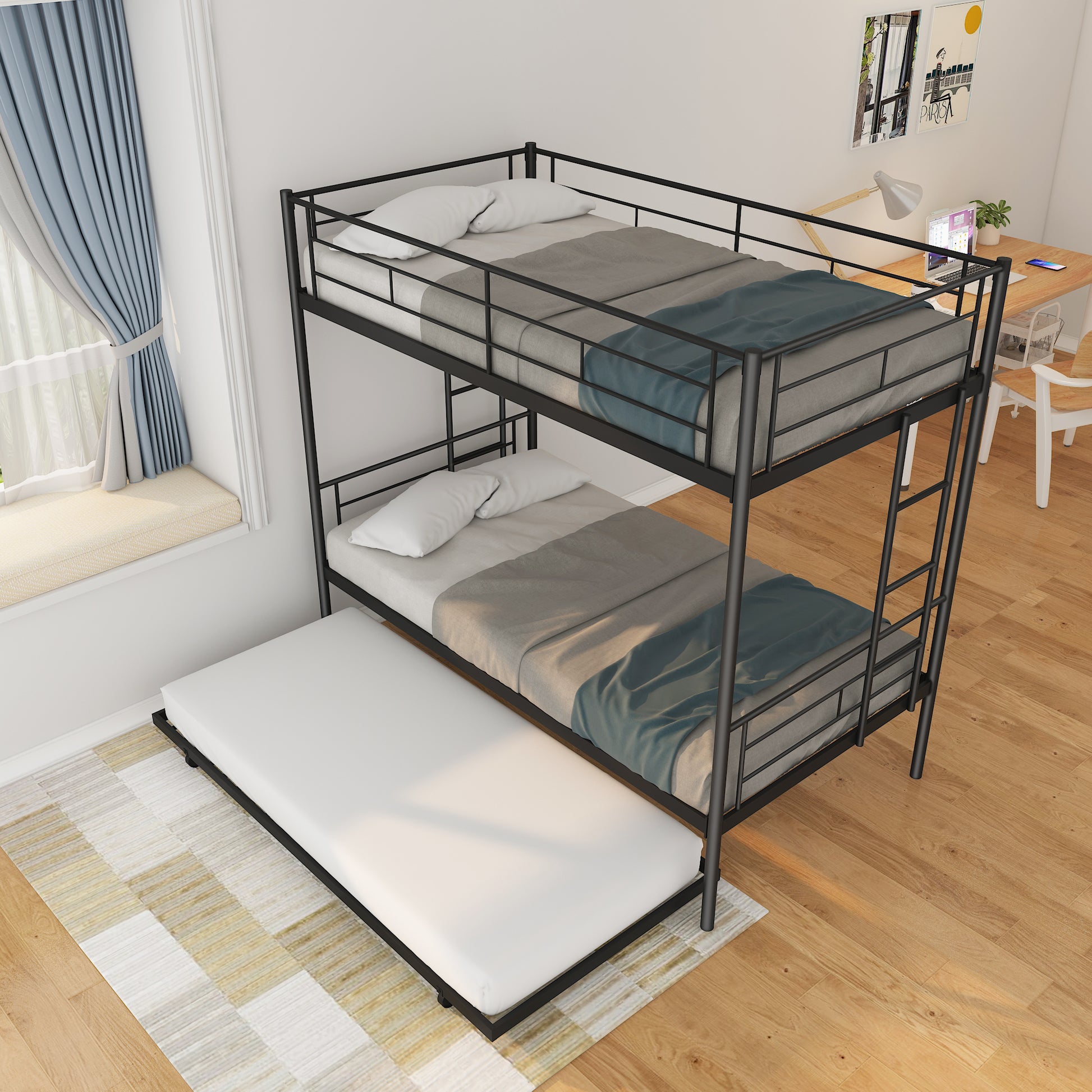 Twin Over Twin Metal Bunk Bed Frame With Trundle Upgrade Reinforcement Version Black Metal