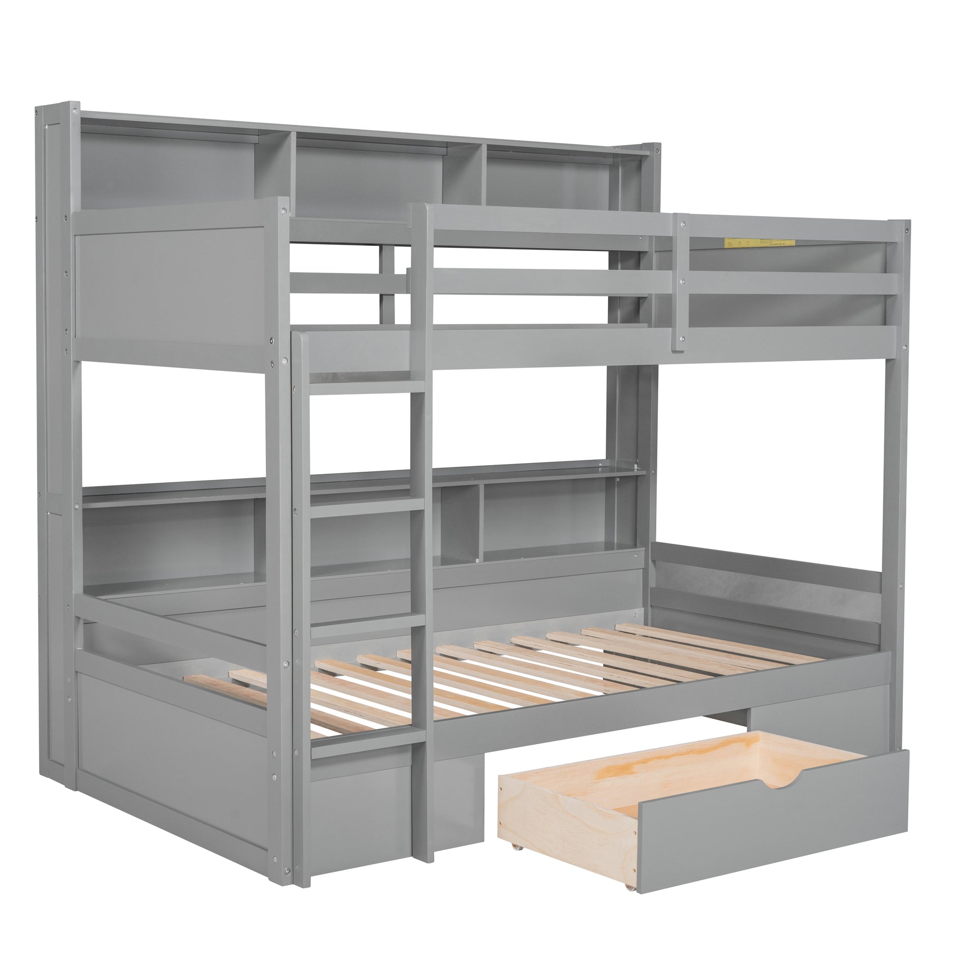 Twin Size Bunk Bed With Built In Shelves Beside Both Upper And Down Bed And Storage Drawer,Gray Gray Pine