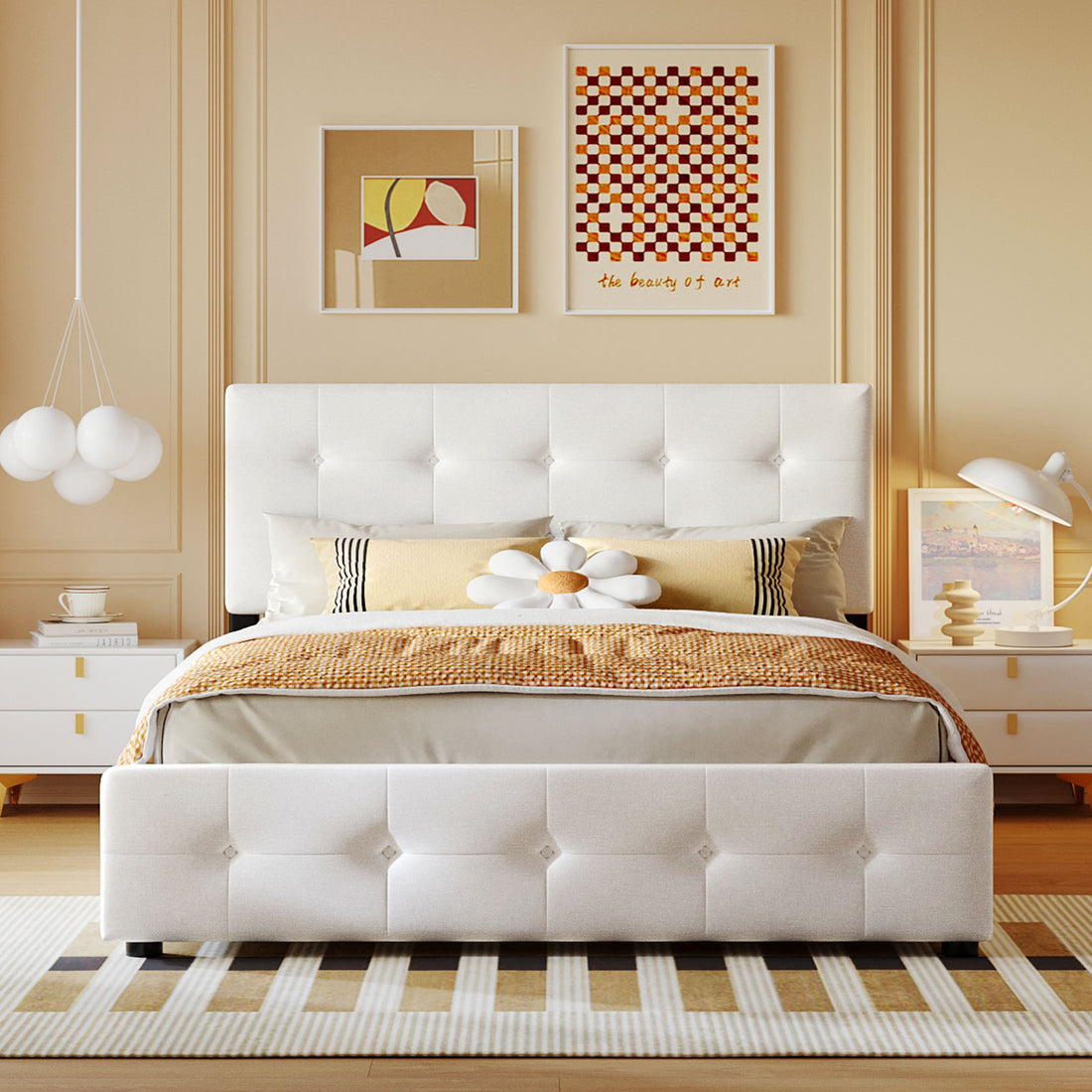 Upholstered Platform Bed With Classic Headboard And 4 Drawers, No Box Spring Needed, Linen Fabric, Queen Size White White Upholstered