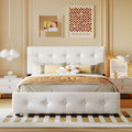 Upholstered Platform Bed With Classic Headboard And 4 Drawers, No Box Spring Needed, Linen Fabric, Queen Size White White Upholstered