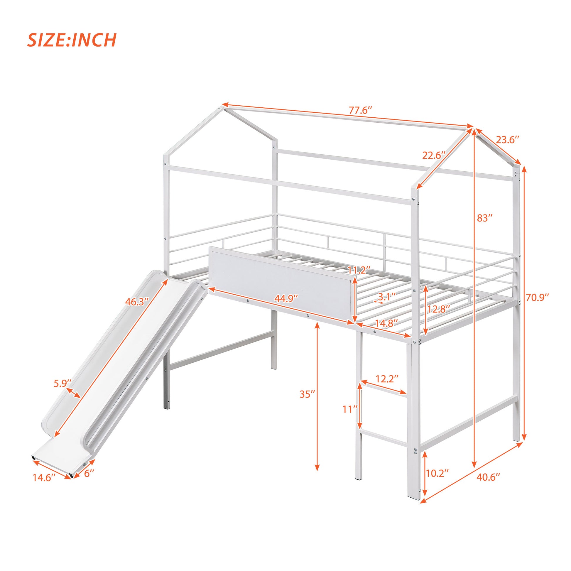 Metal House Bed With Slide, Twin Size Metal Loft Bed With Two Sided Writable Wooden Board White White Metal