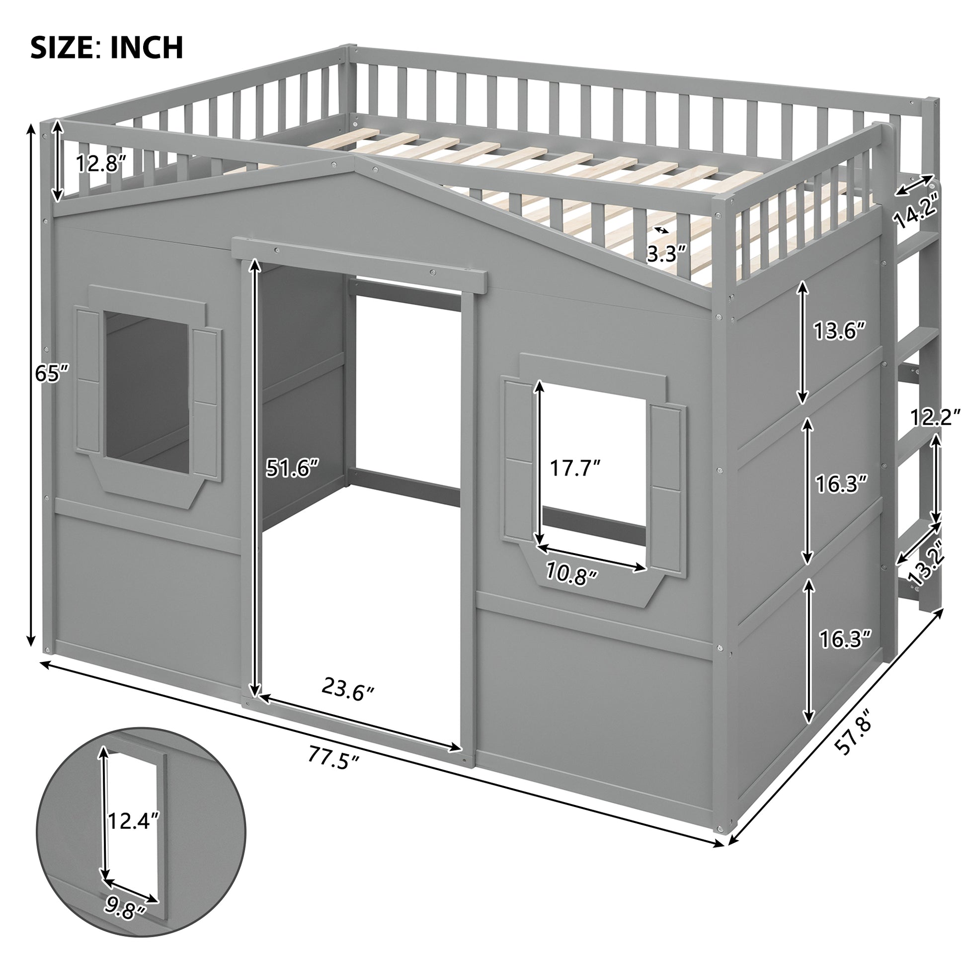 Full Size House Loft Bed With Ladder Gray Gray Solid Wood