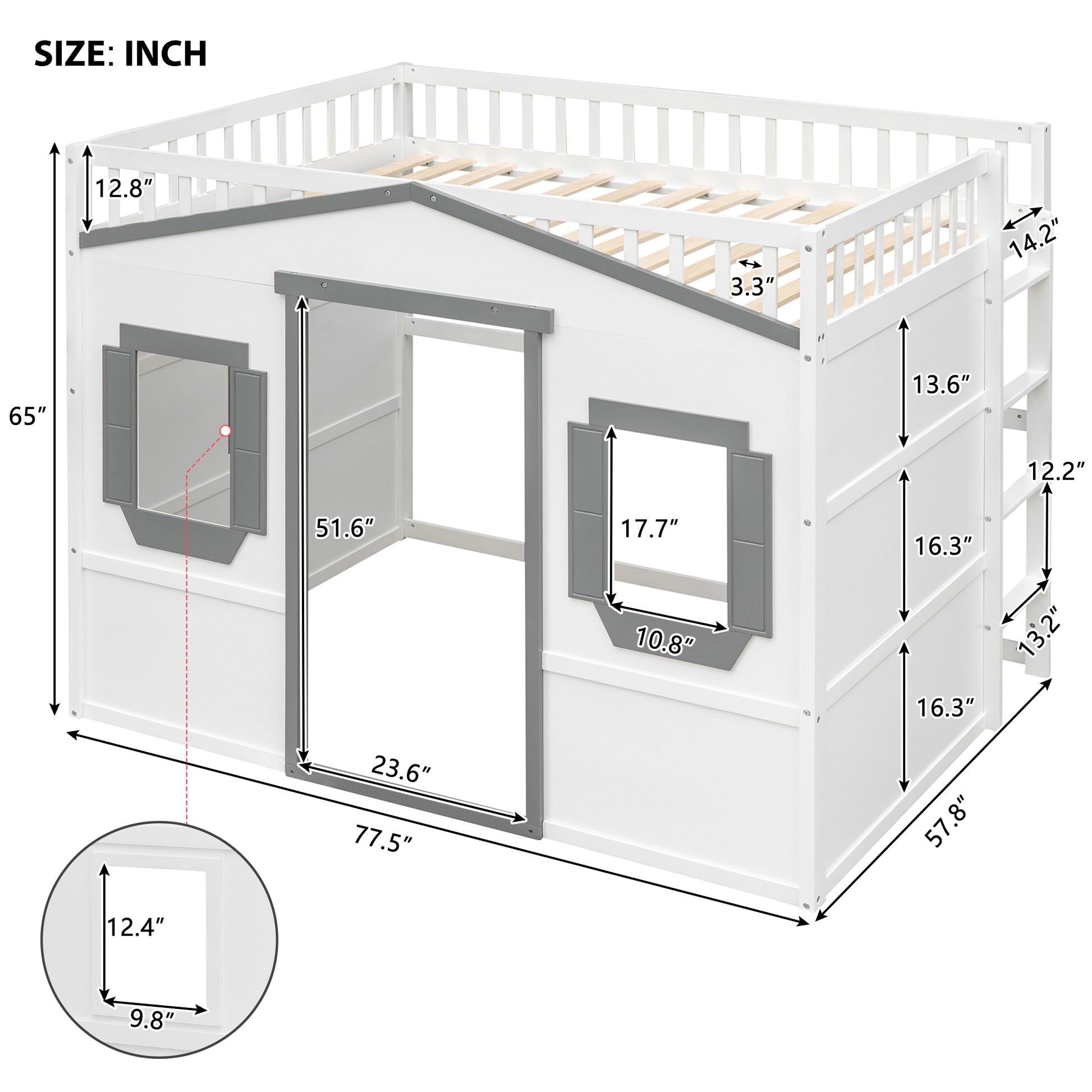 Full Size House Loft Bed With Ladder White Gray Frame White Gray Solid Wood