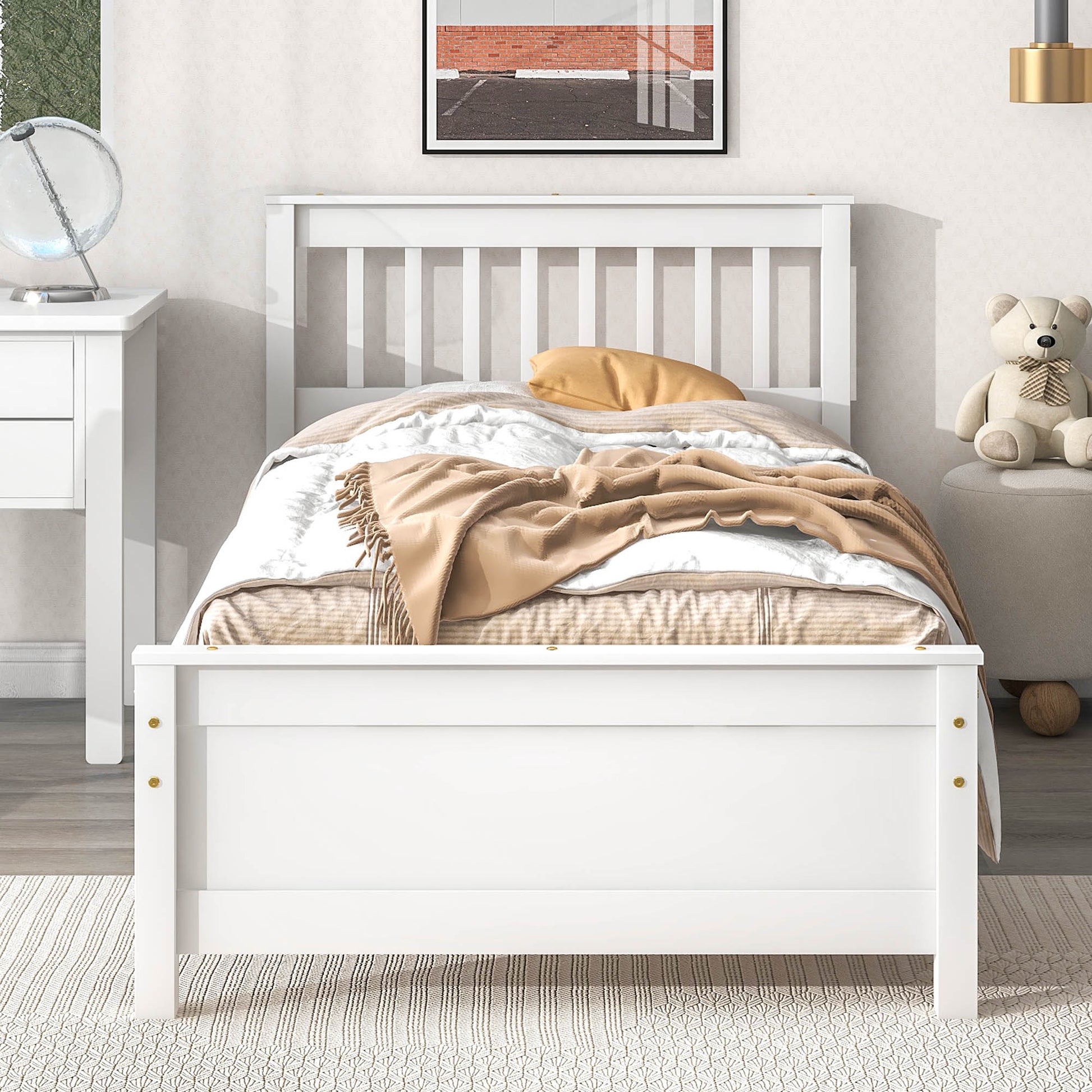 Twin Bed With Headboard And Footboard For Kids, Teens, Adults,With A Nightstand,Wite White Pine