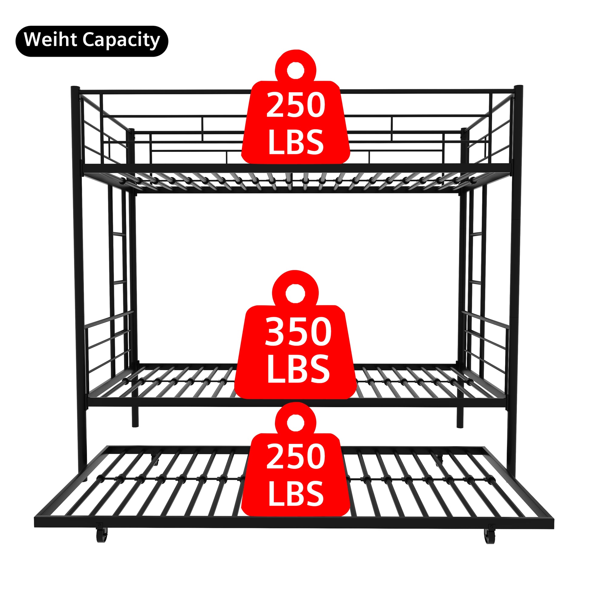 Twin Over Twin Metal Bunk Bed Frame With Trundle Upgrade Reinforcement Version Black Metal