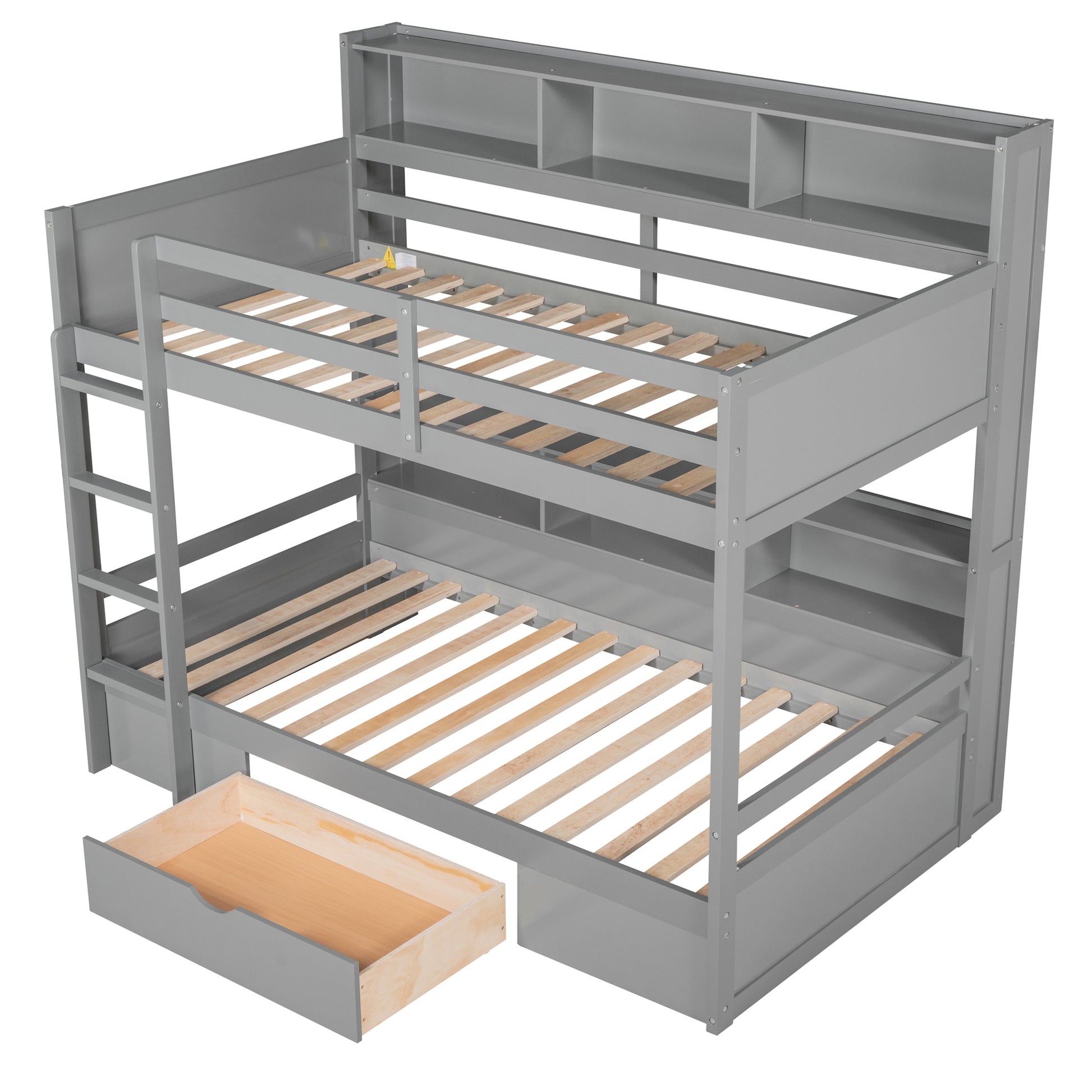 Twin Size Bunk Bed With Built In Shelves Beside Both Upper And Down Bed And Storage Drawer,Gray Gray Pine