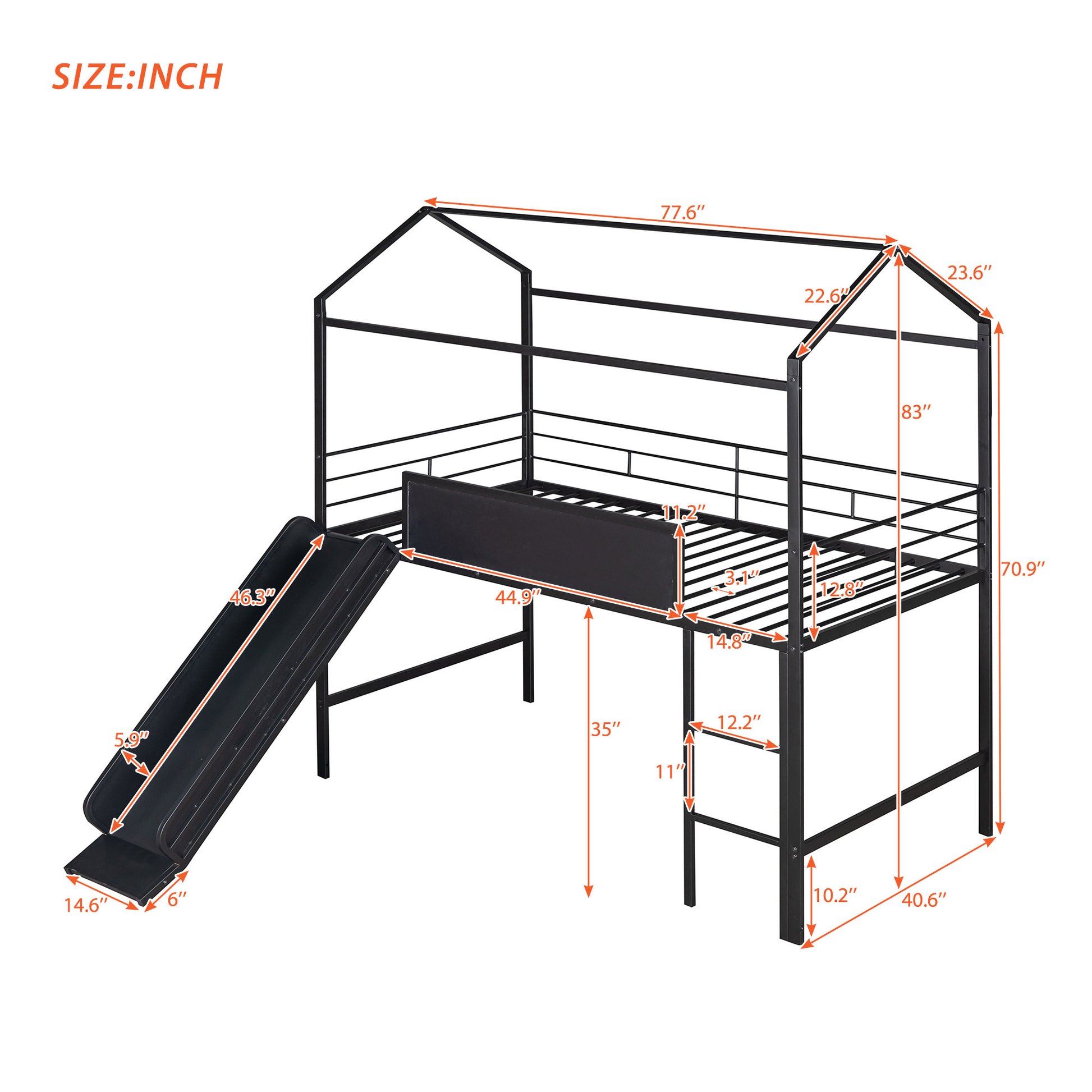 Metal House Bed With Slide, Twin Size Metal Loft Bed With Two Sided Writable Wooden Board Black Black Metal