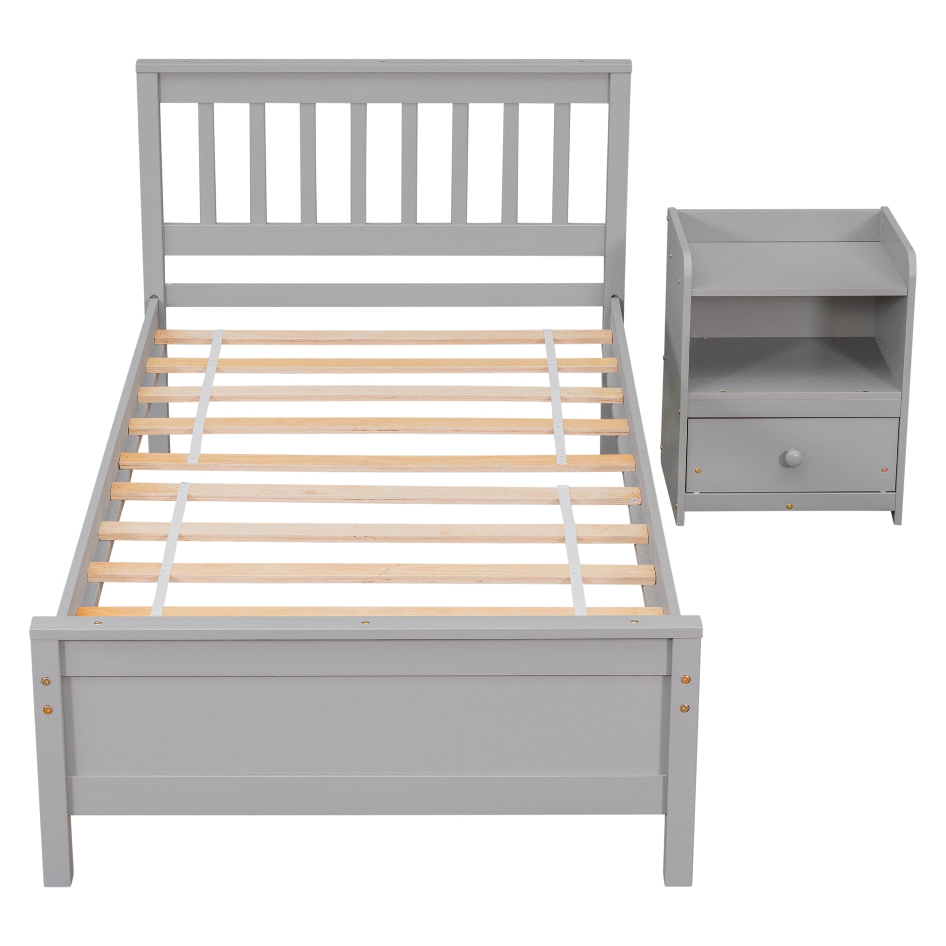 Twin Bed With Headboard And Footboard For Kids, Teens, Adults,With A Nightstand,Grey Twin Grey Pine