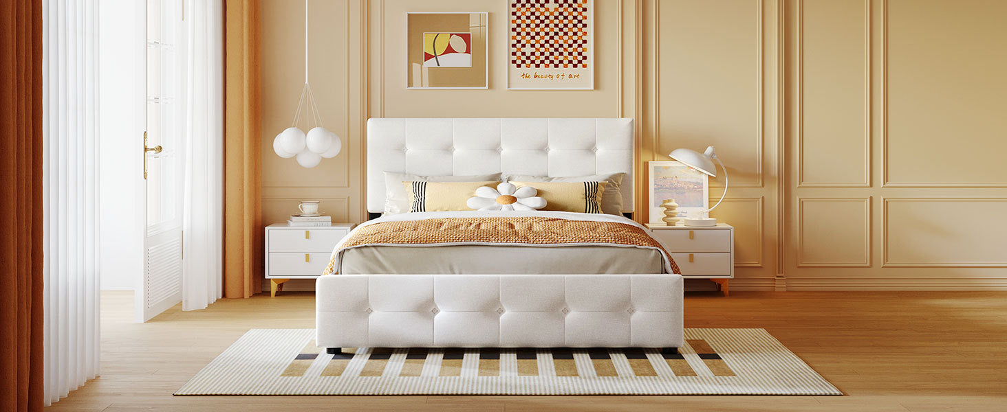 Upholstered Platform Bed With Classic Headboard And 4 Drawers, No Box Spring Needed, Linen Fabric, Queen Size White White Upholstered