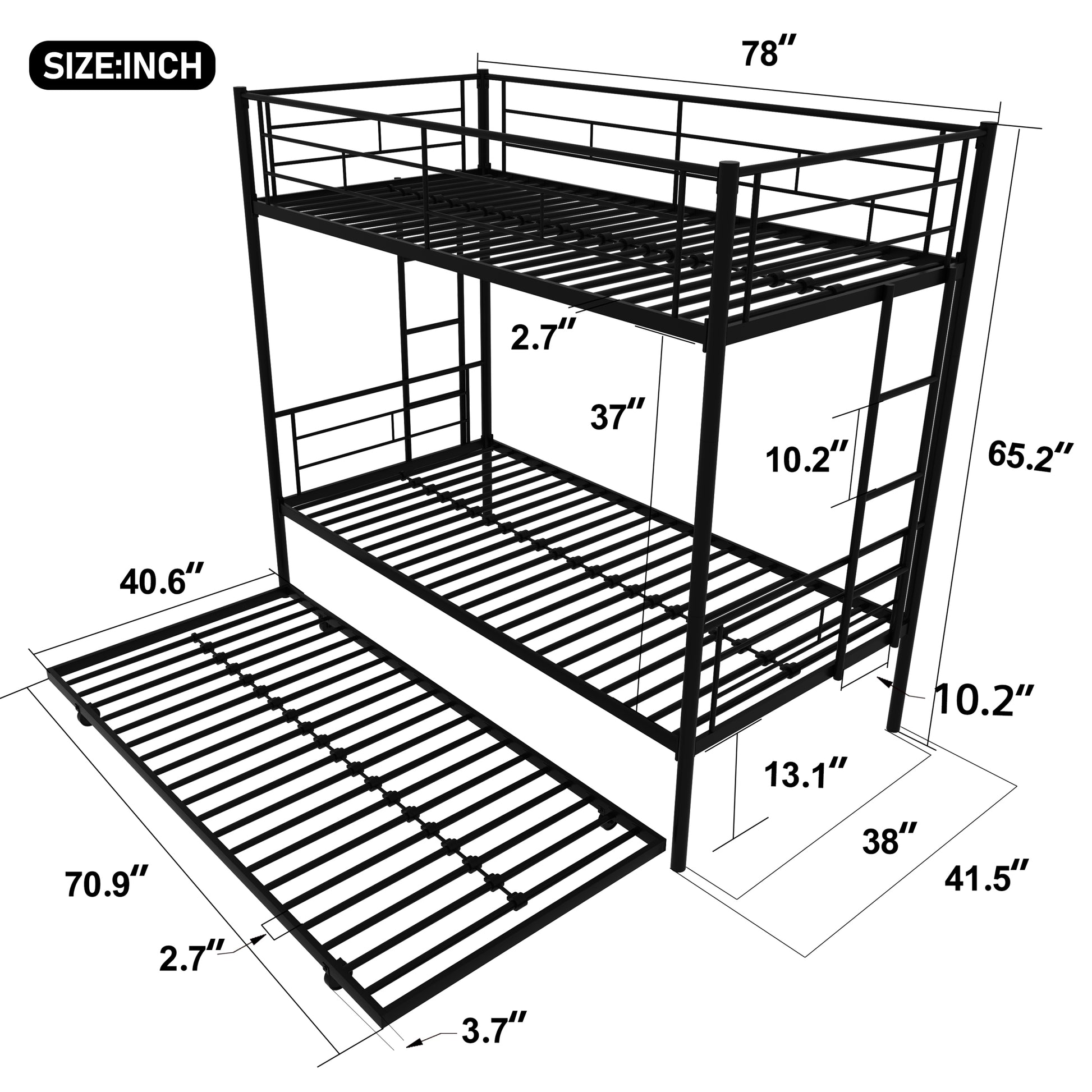 Twin Over Twin Metal Bunk Bed Frame With Trundle Upgrade Reinforcement Version Black Metal