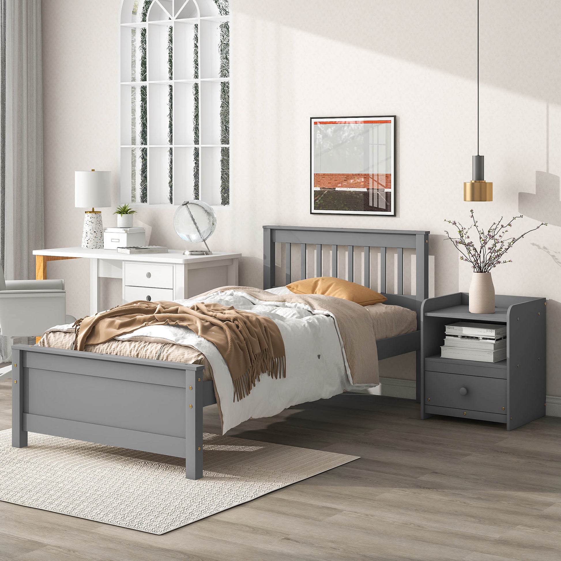 Twin Bed With Headboard And Footboard For Kids, Teens, Adults,With A Nightstand,Grey Twin Grey Pine