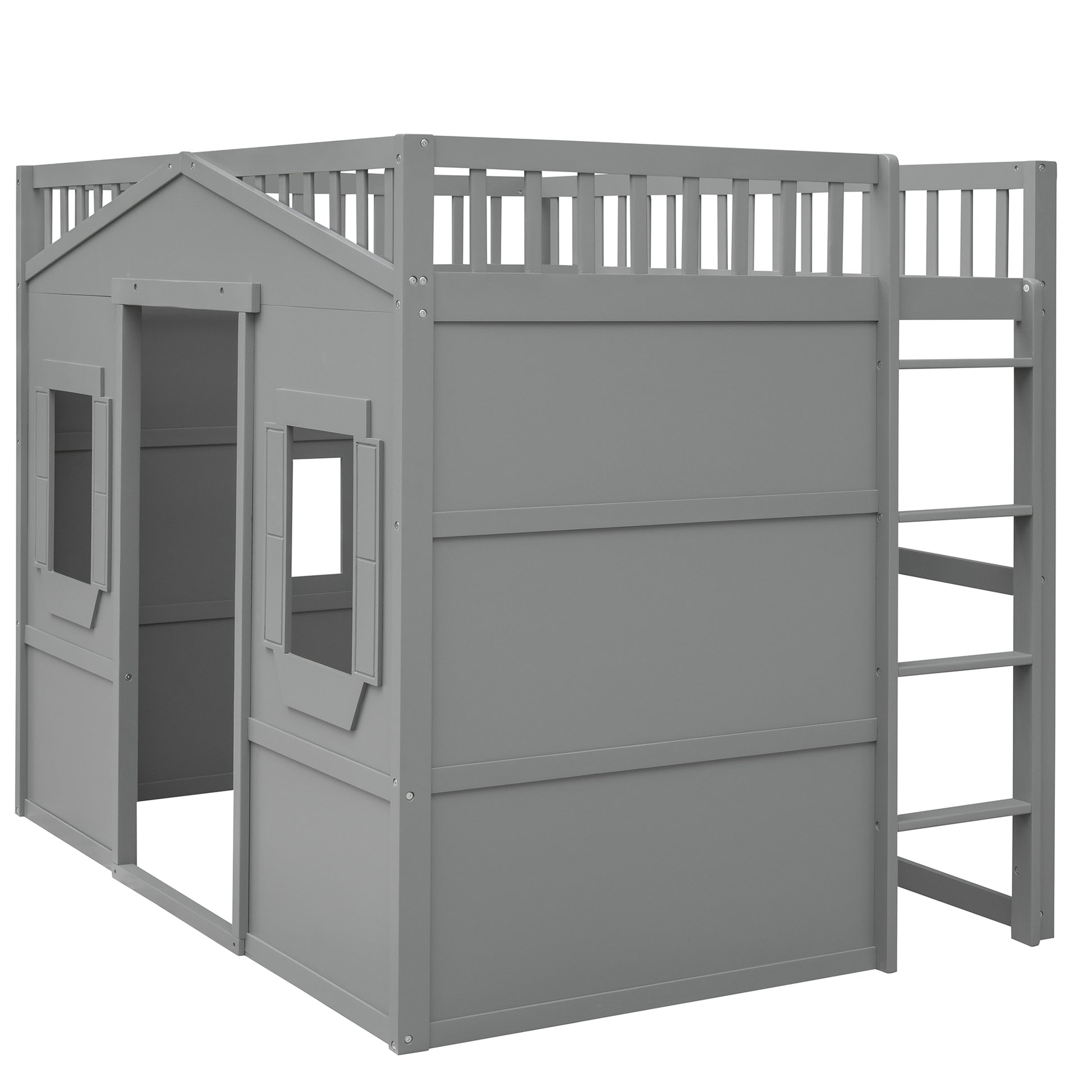 Full Size House Loft Bed With Ladder Gray Gray Solid Wood