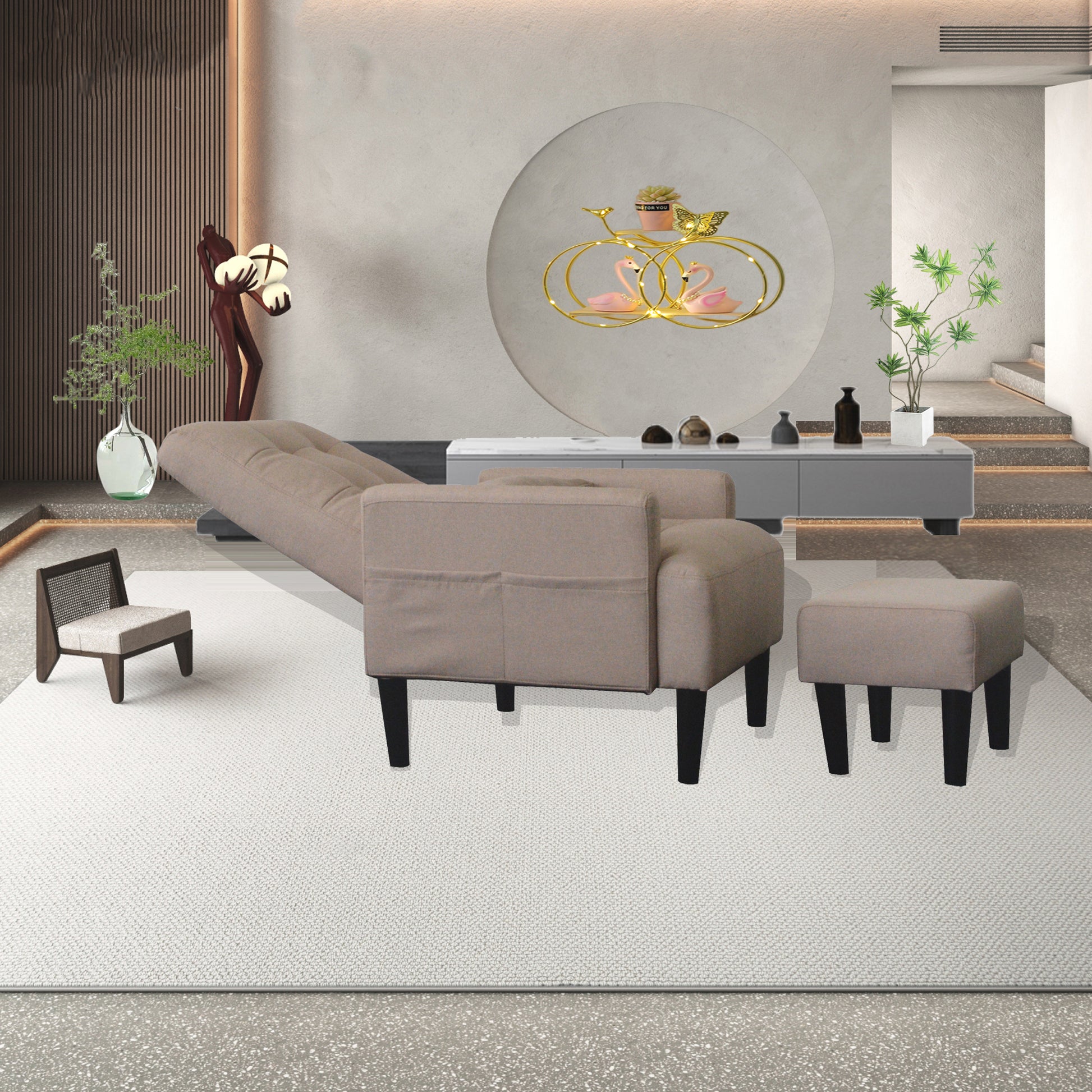 Redde Boo Brown Living Room Sofa Single Chair And Ottoman, Modern Multi Function Fabric Living Room Sofa Lounge Chair Bed And Stool.Soft Leisure Single Chair Adjustable Into 5 Angles With Sofa Bed Gray Modern Foam Fabric