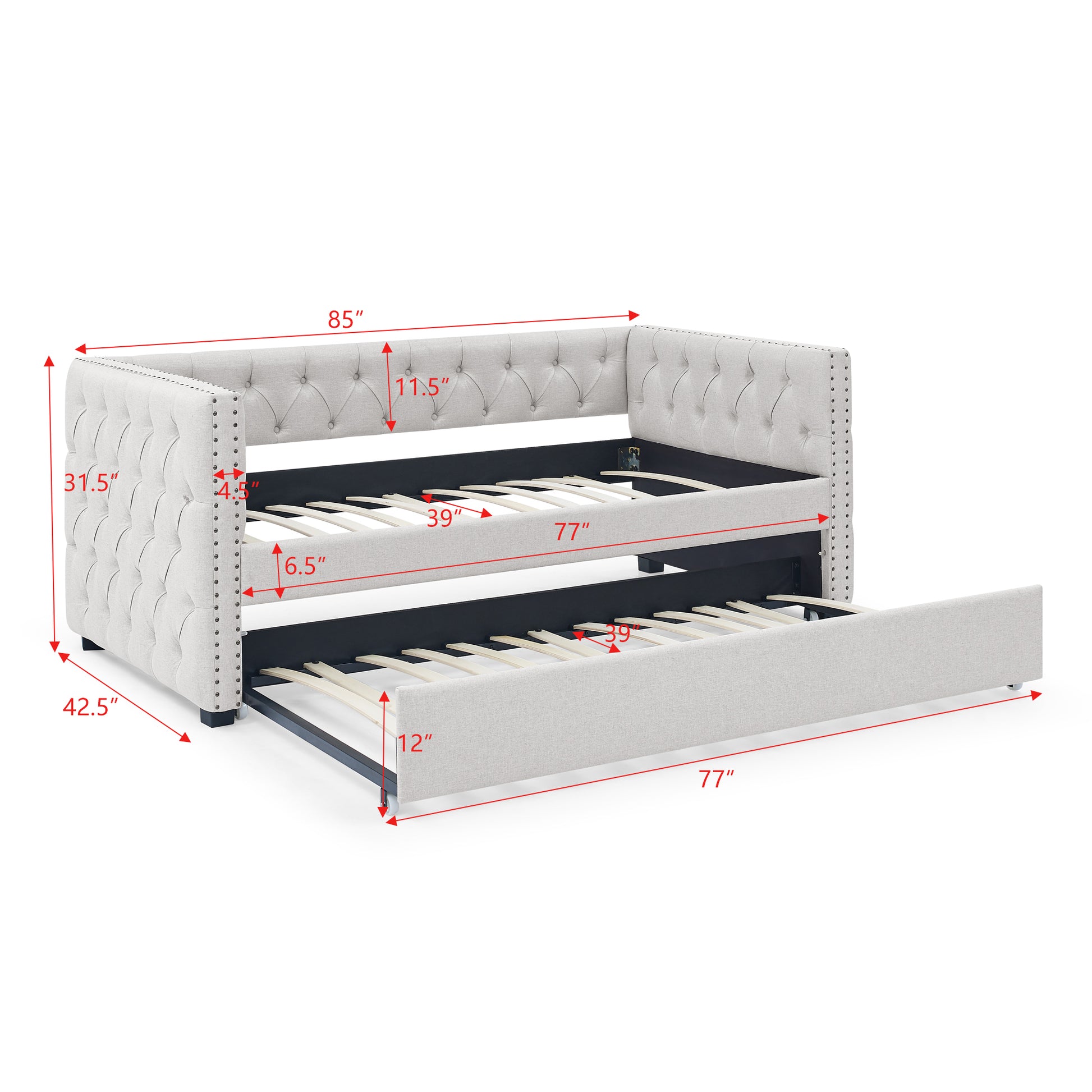 Daybed With Trundle Upholstered Tufted Sofa Bed, With Button And Copper Nail On Square Arms,Both Twin Size, Beige 85"X42.5"X31.5" Beige Linen