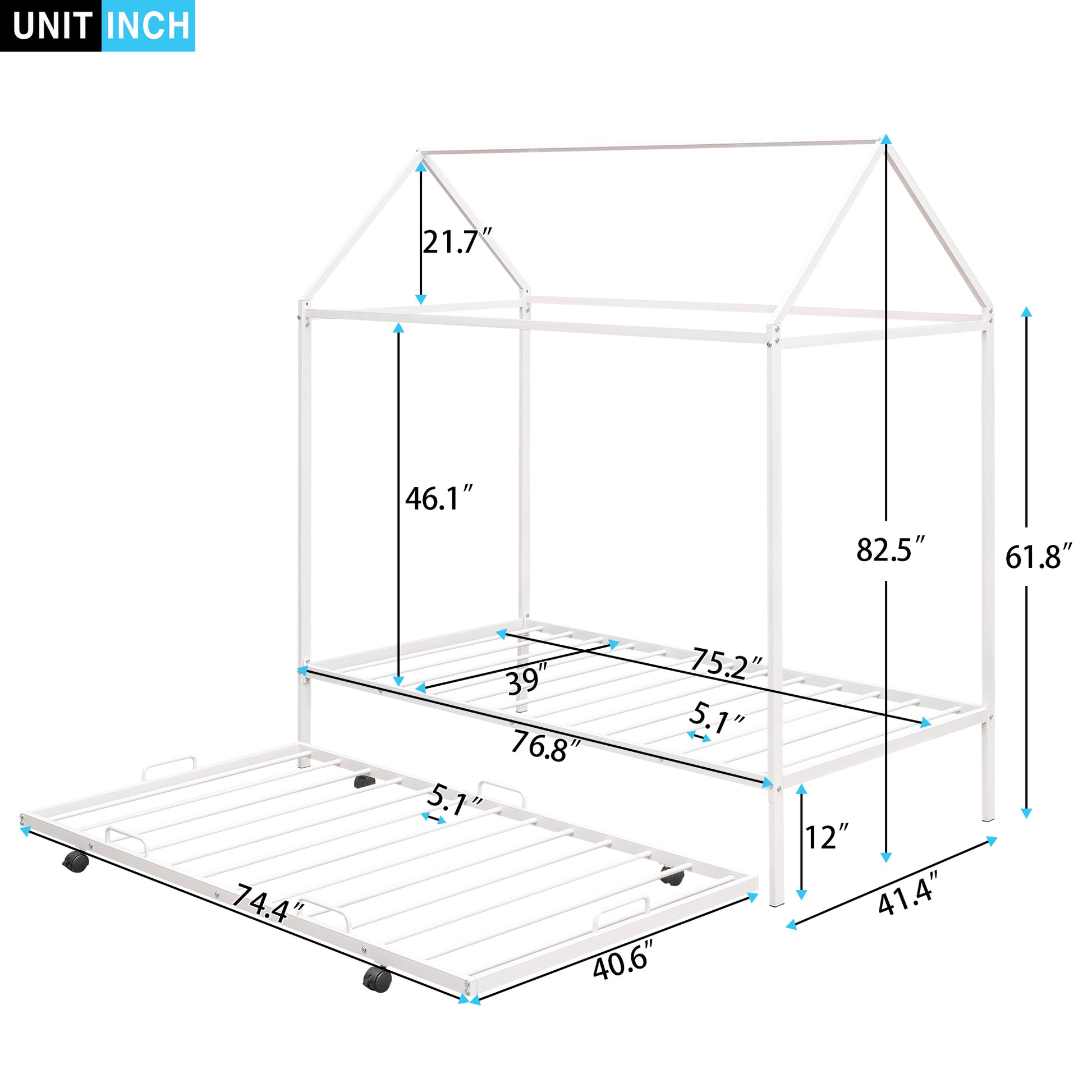 Twin Size Kids House Bed With Trundle, Metal House Bed White White Metal