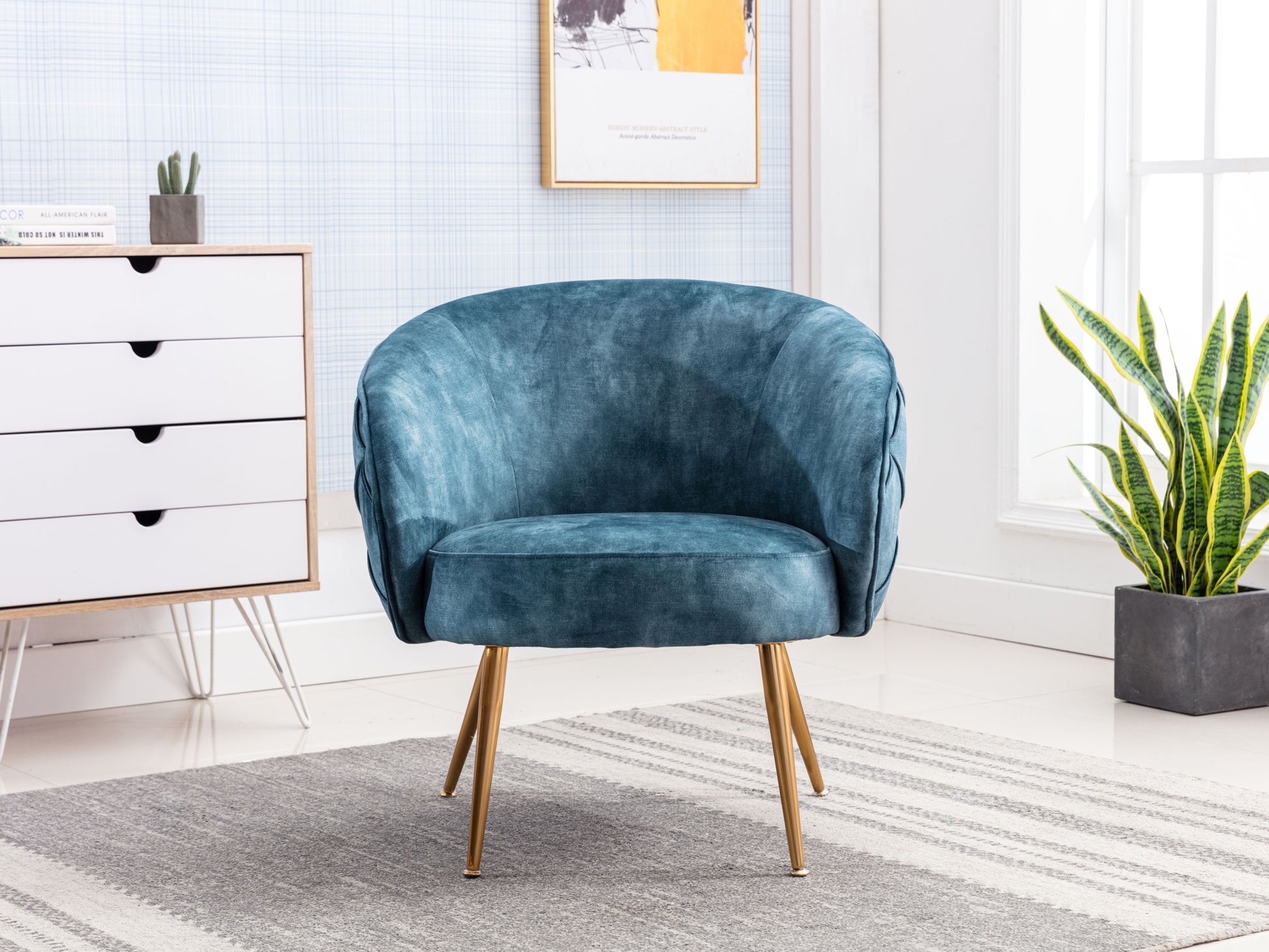Gorgeous Living Room Accent Chair 1Pc Button Tufted Back Covering Blue Fabric Upholstered Metal Legs Blue Primary Living Space Ultra Modern Solid Wood