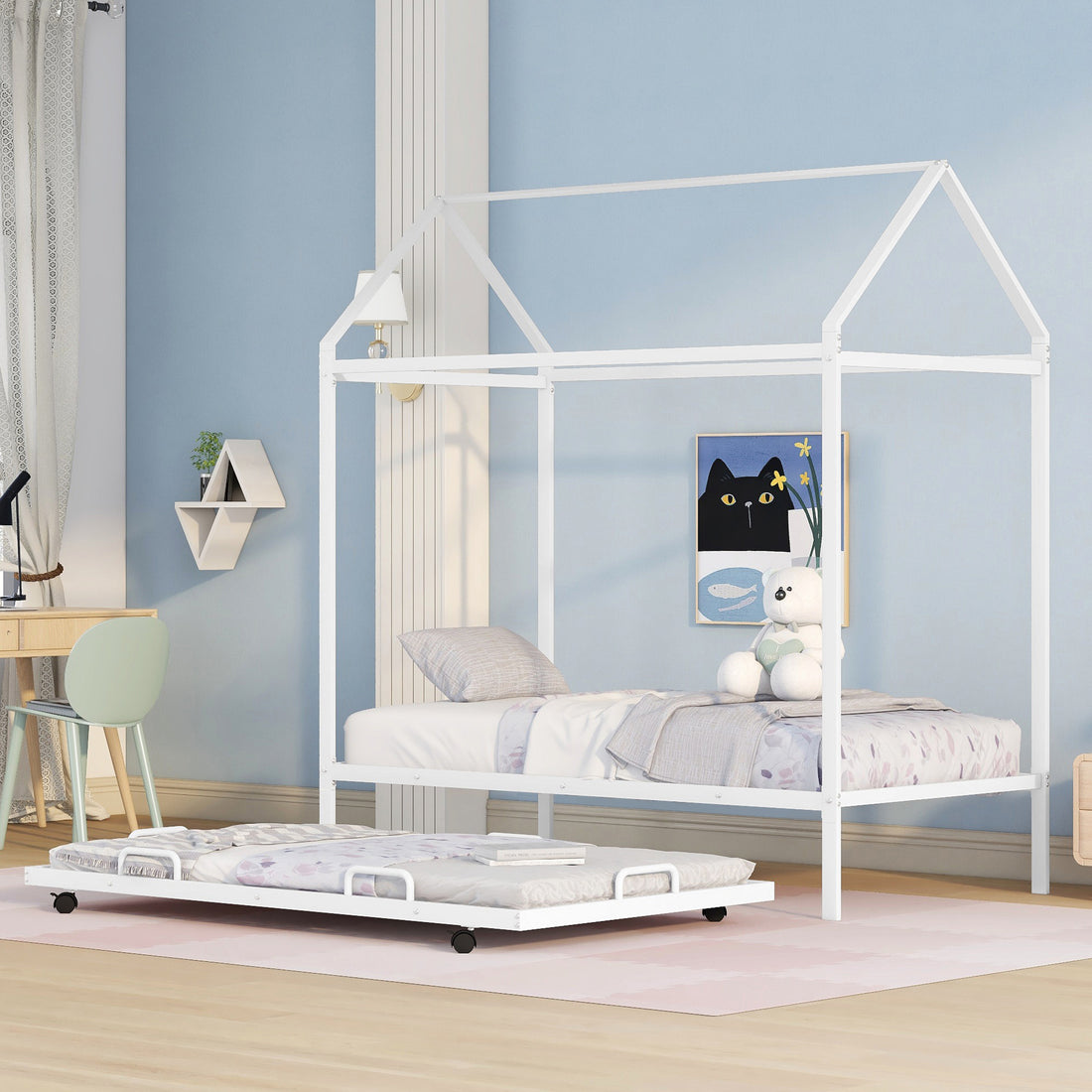 Twin Size Kids House Bed With Trundle, Metal House Bed White White Metal