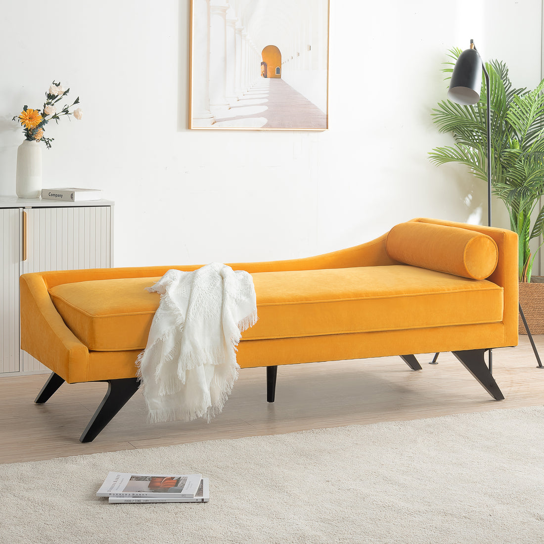 Right Square Arm Reclining Chaise Lounge Yellow Fabric