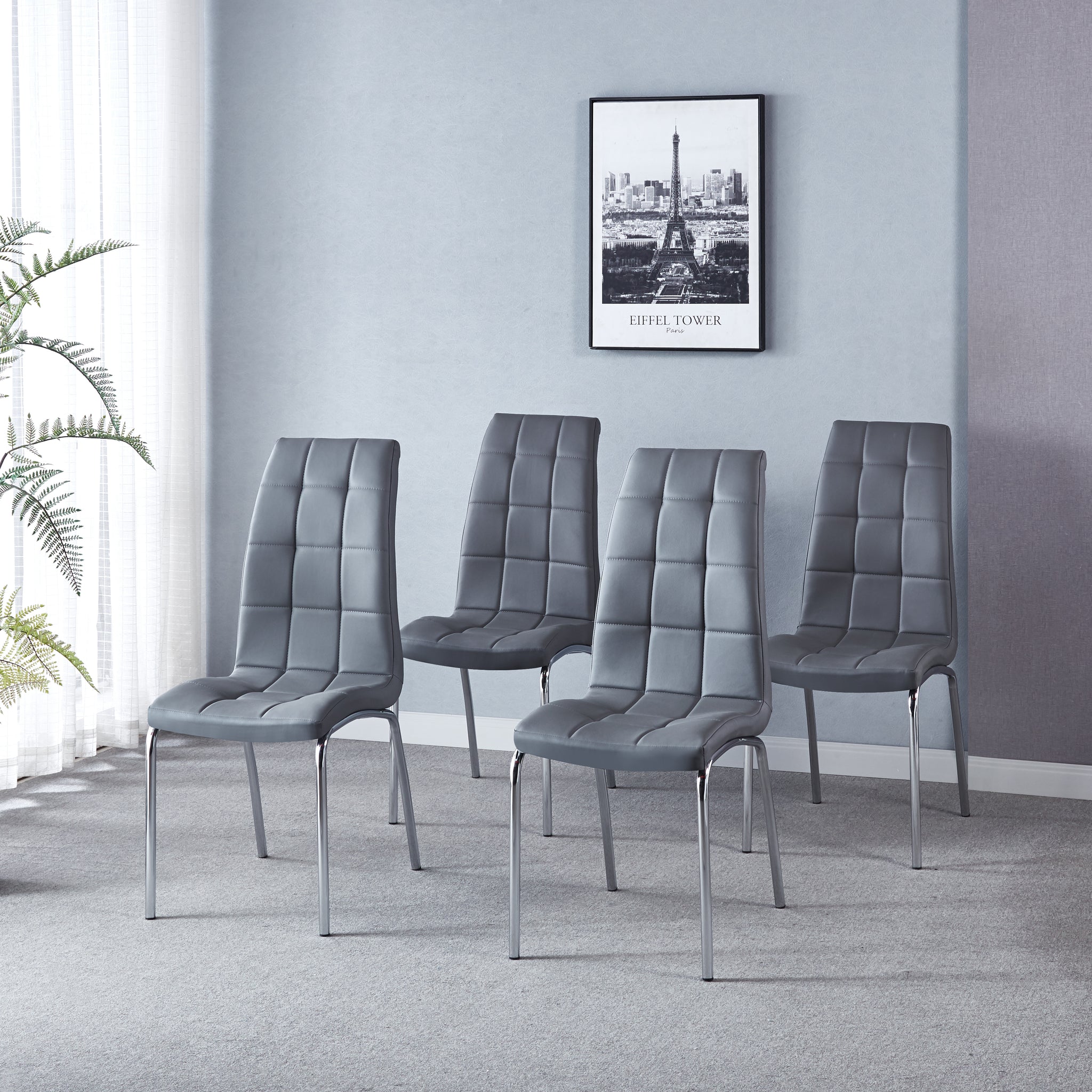 Modern Lattice Designdining Chair With Silver Metal Legs Set Of 4 Grey Leather