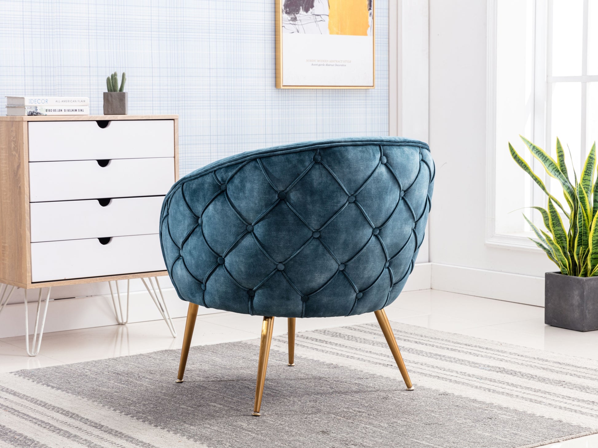 Gorgeous Living Room Accent Chair 1Pc Button Tufted Back Covering Blue Fabric Upholstered Metal Legs Blue Primary Living Space Ultra Modern Solid Wood