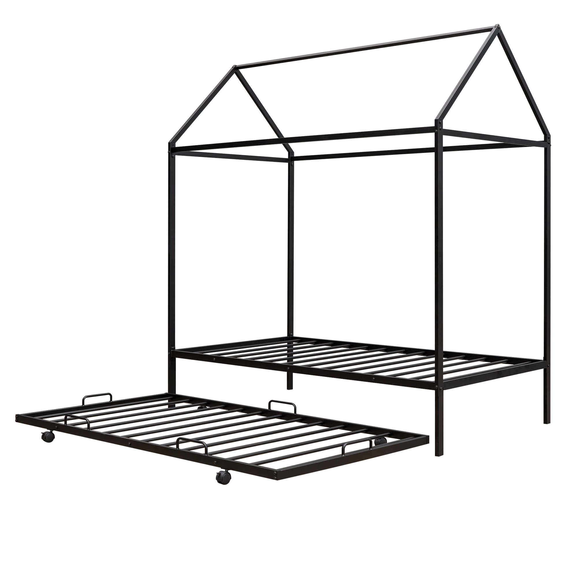 Twin Size Kids House Bed With Trundle, Metal House Bed Black Black Metal