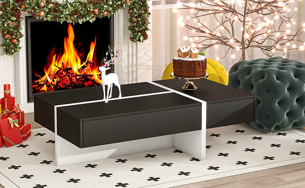 Contemporary Rectangle Design Living Room Furniture, Modern High Gloss Surface Cocktail Table, Center Table For Sofa Or Upholstered Chairs, 45.2*25.5*13.7In, Black Black Particle Board