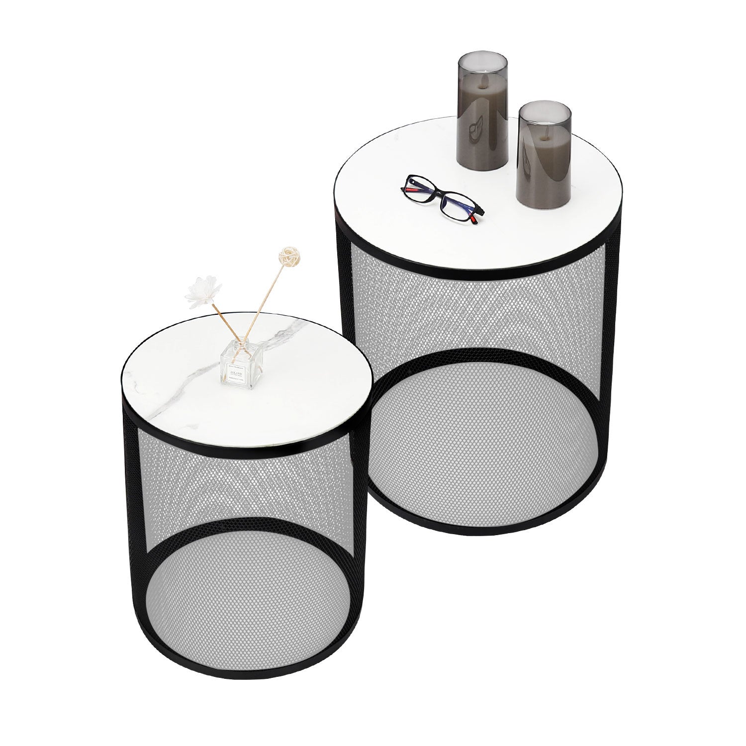 Set Of 2 Nesting Metal Round Coffee Table, Side Table Mdf Top End Table Nightstand For Indoor Multifunctional Use Black Metal & Wood