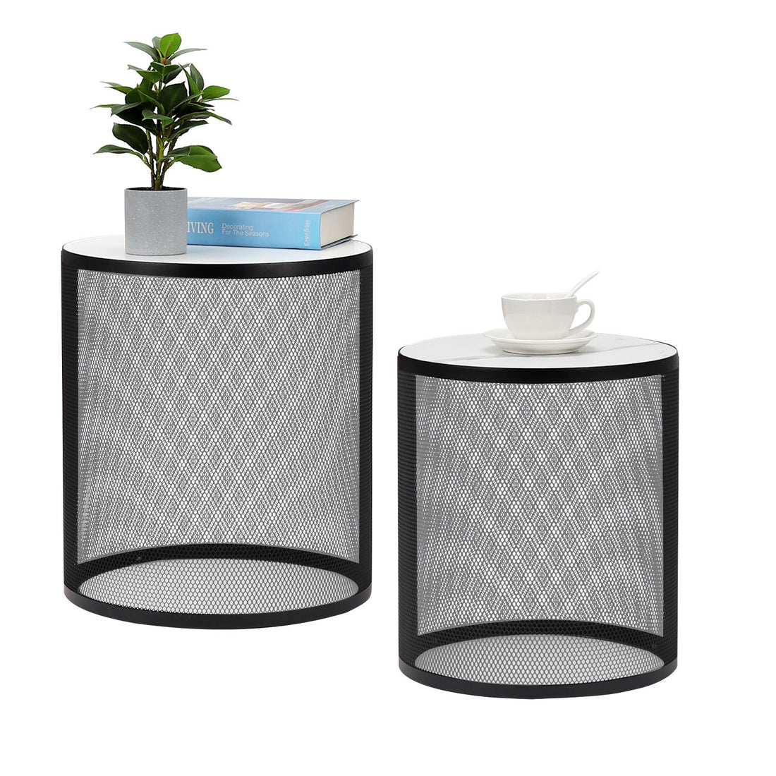Set Of 2 Nesting Metal Round Coffee Table, Side Table Mdf Top End Table Nightstand For Indoor Multifunctional Use Black Metal & Wood