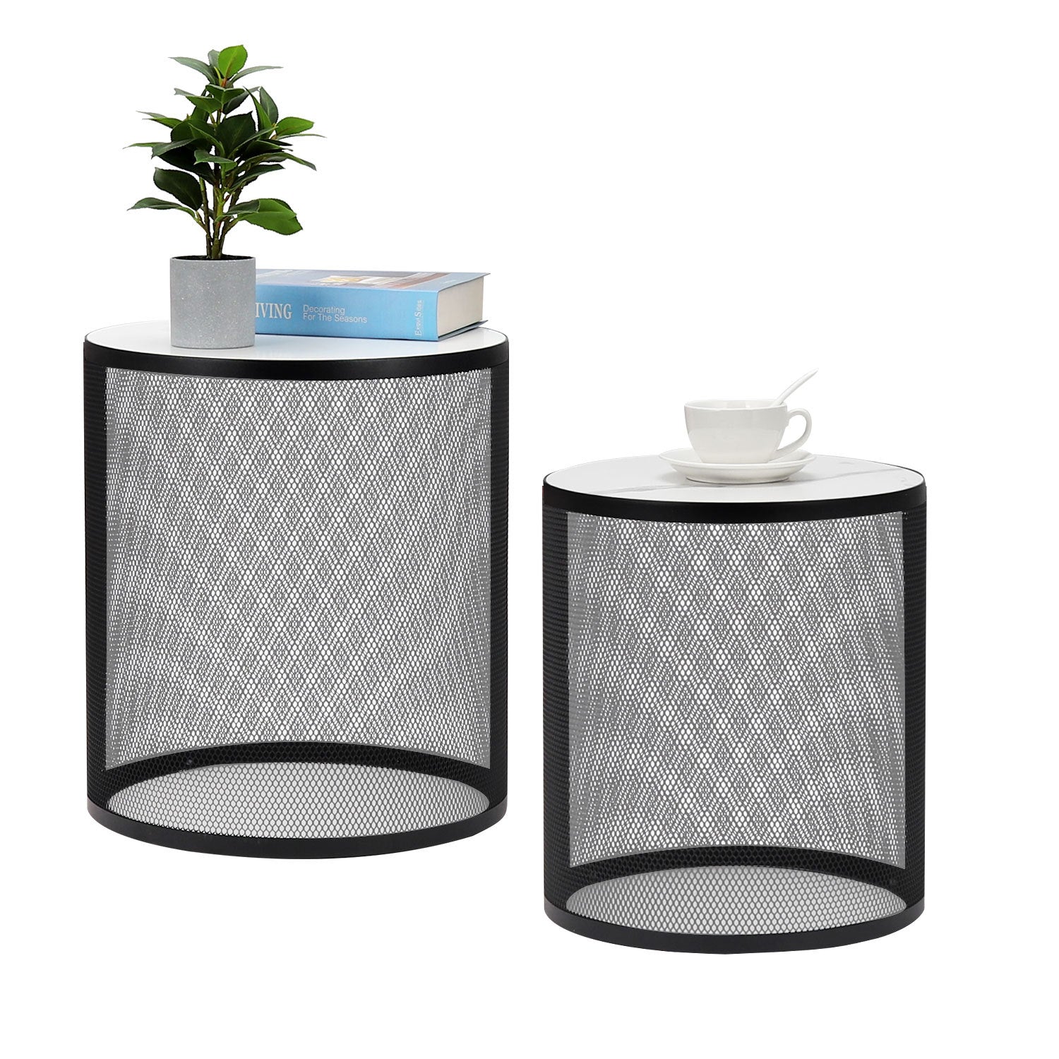 Set Of 2 Nesting Metal Round Coffee Table, Side Table Mdf Top End Table Nightstand For Indoor Multifunctional Use Black Metal & Wood