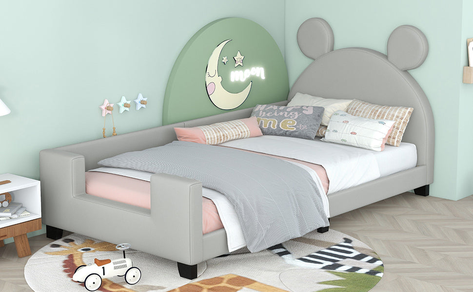 Twin Size Upholstered Daybed With Carton Ears Shaped Headboard, Grey Light Grey Pu Leather