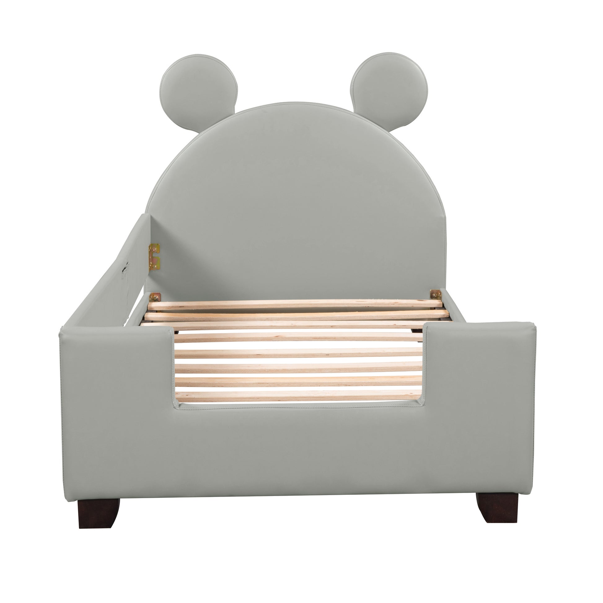 Twin Size Upholstered Daybed With Carton Ears Shaped Headboard, Grey Light Grey Pu Leather