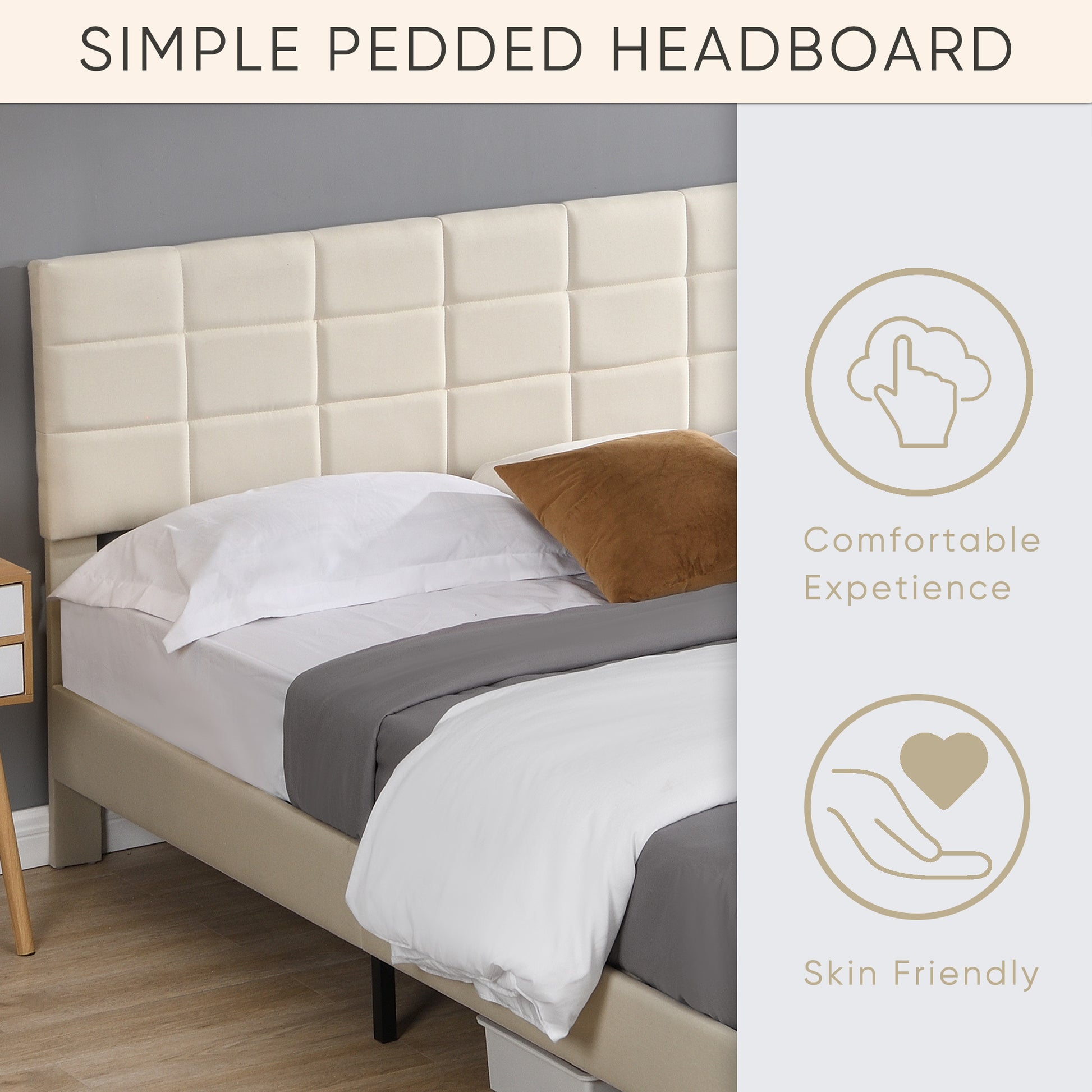 King Size Platform Bed Frame With Fabric Upholstered Headboard And Wooden Slats, No Box Spring Needed Easy Assembly, Dark Beige Beige Metal & Wood