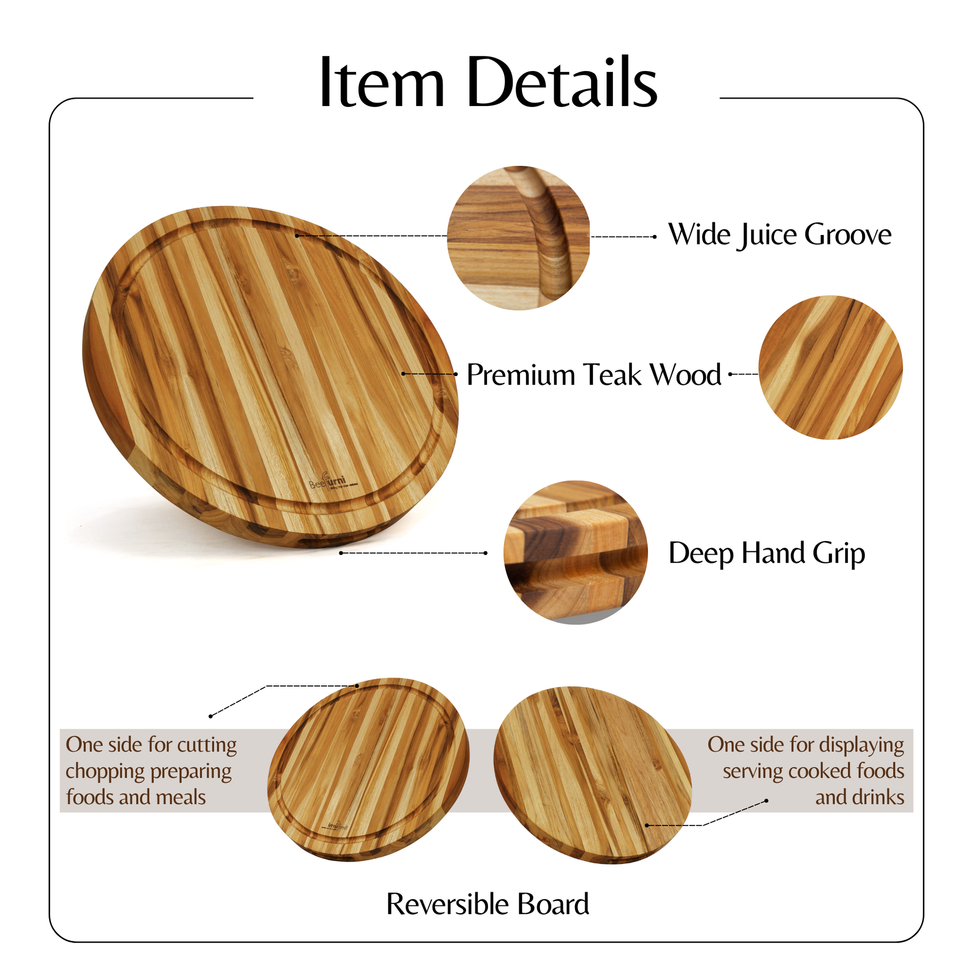 Teak Cutting Board Reversible Chopping Serving Board Multipurpose Food Safe Thick Board, Small Large Size 15.8X15.8X1.25 Inches Natural Solid Wood