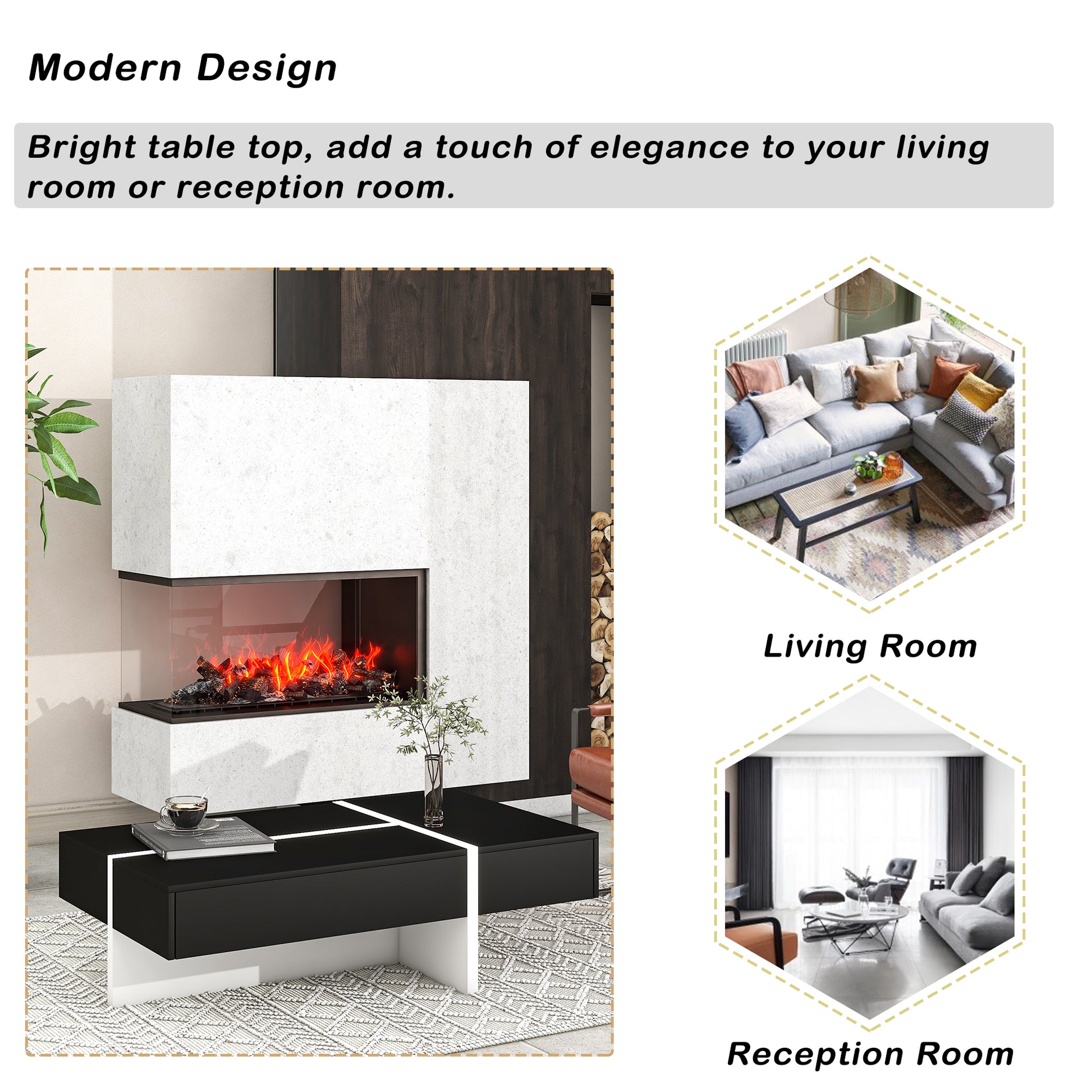 Contemporary Rectangle Design Living Room Furniture, Modern High Gloss Surface Cocktail Table, Center Table For Sofa Or Upholstered Chairs, 45.2*25.5*13.7In, Black Black Particle Board