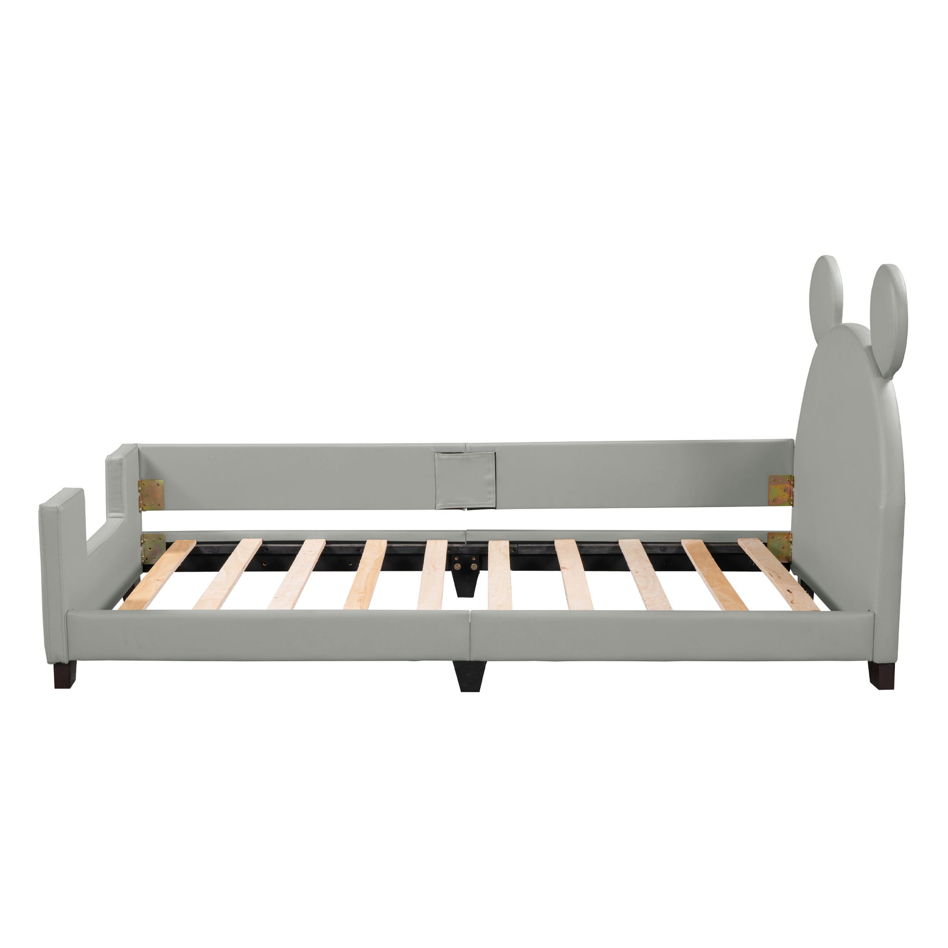 Twin Size Upholstered Daybed With Carton Ears Shaped Headboard, Grey Light Grey Pu Leather