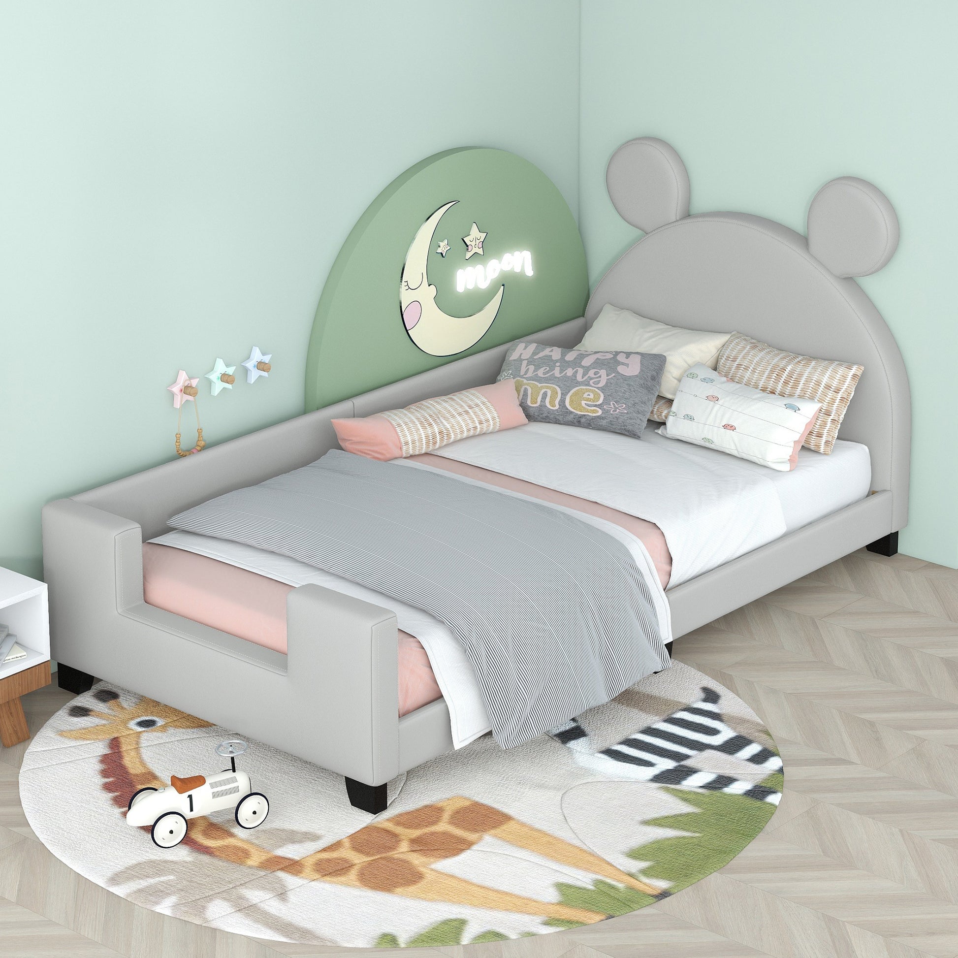 Twin Size Upholstered Daybed With Carton Ears Shaped Headboard, Grey Light Grey Pu Leather