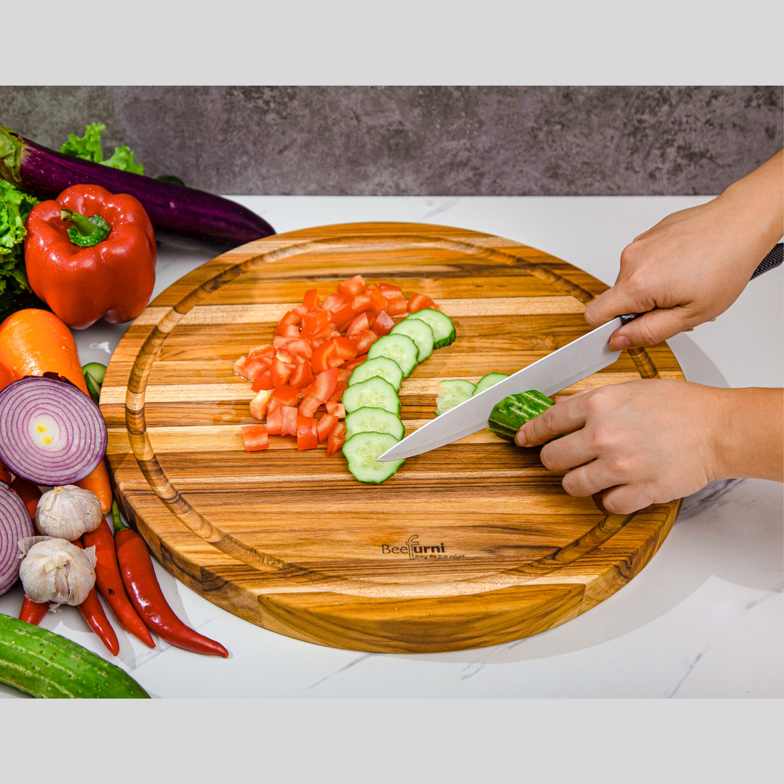 Teak Cutting Board Reversible Chopping Serving Board Multipurpose Food Safe Thick Board, Small Large Size 15.8X15.8X1.25 Inches Natural Solid Wood