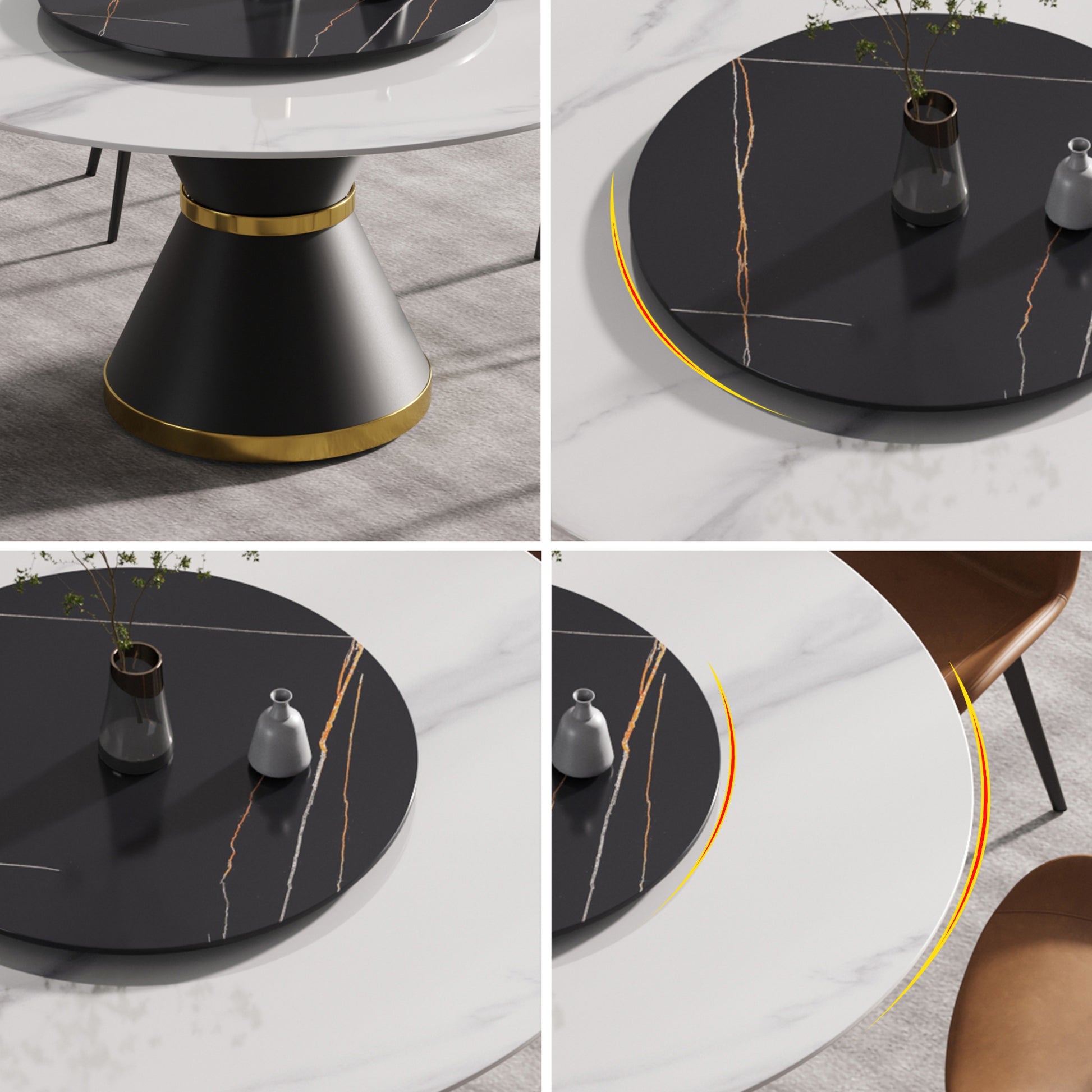 59.05"Modern Artificial Stone Round Black Carbon Steel Base Dining Table Can Accommodate 6 People 31.5"Black Artificial Stone Turntable White Black Metal Marble