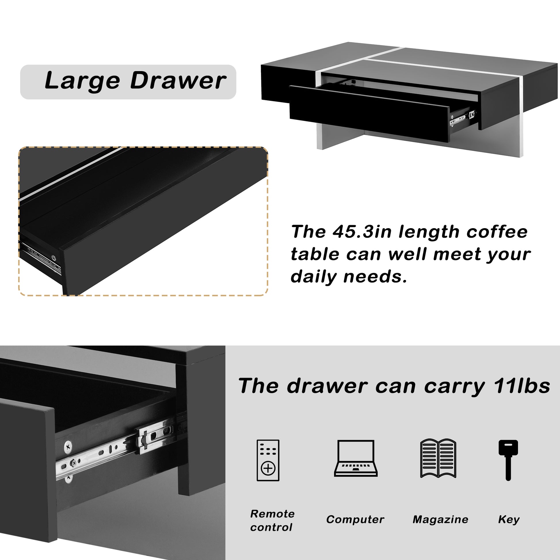 Contemporary Rectangle Design Living Room Furniture, Modern High Gloss Surface Cocktail Table, Center Table For Sofa Or Upholstered Chairs, 45.2*25.5*13.7In, Black Black Particle Board